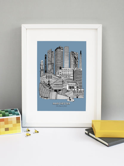 Beautifully detailed Manchester Illustration print. The perfect gift for an engagement, wedding, birthday, anniversary and house warming. It features all the well known buildings and landmarks from the vibrant UK city. The buildings and landmarks featured are: The Lowry, Angel Row, The Printworks, The Principal Hotel, Boddingtons Chimney, Beetham Tower, CIS Tower, Tower of Light, Axis Tower, Macintosh Factory Chimney, Afflecks Palace, Arndale Centre, The Urbis, Manchester Central Library and Manchester Town