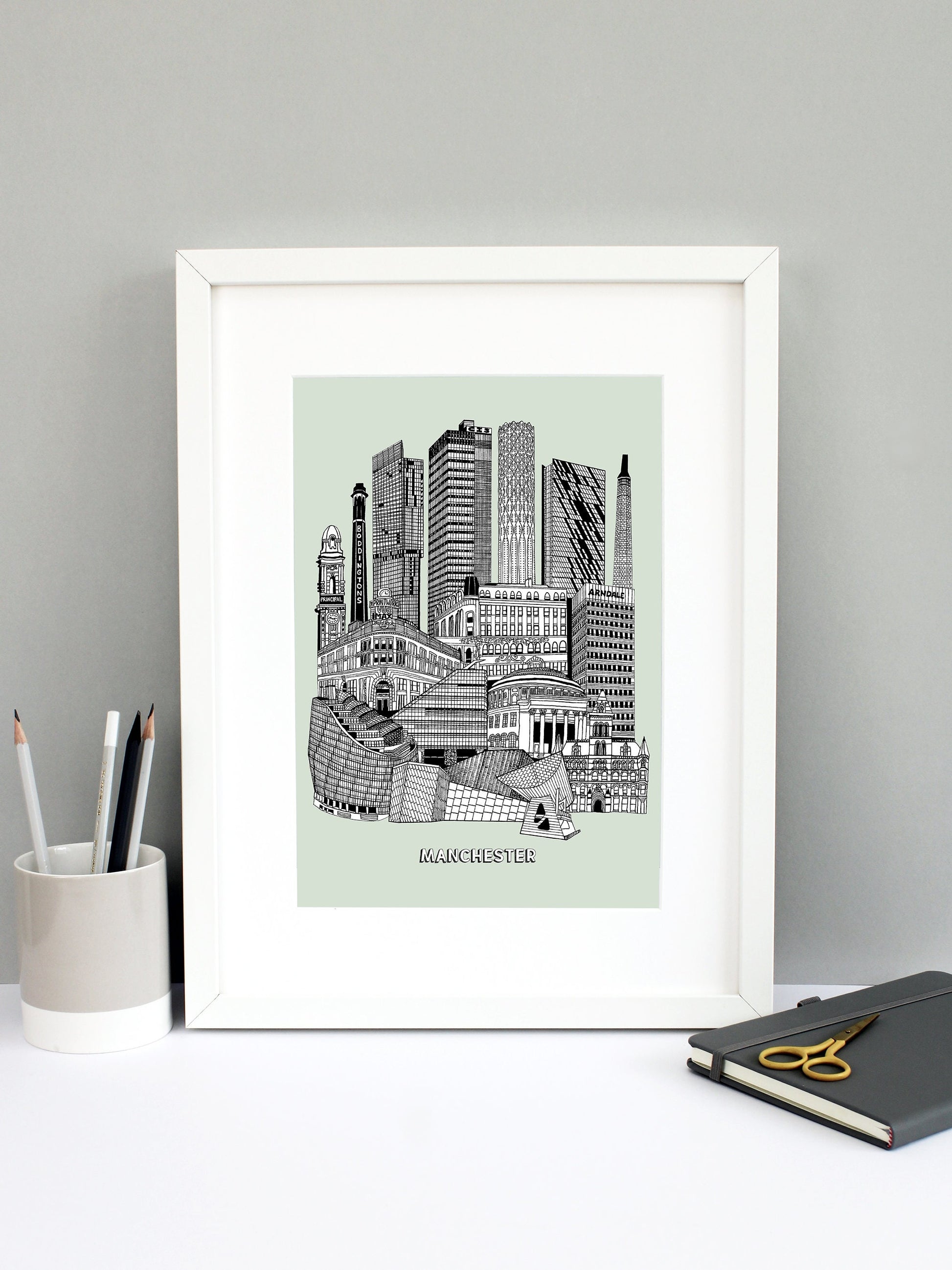 Beautifully detailed Manchester Illustration print. The perfect gift for an engagement, wedding, birthday, anniversary and house warming. It features all the well known buildings and landmarks from the vibrant UK city. The buildings and landmarks featured are: The Lowry, Angel Row, The Printworks, The Principal Hotel, Boddingtons Chimney, Beetham Tower, CIS Tower, Tower of Light, Axis Tower, Macintosh Factory Chimney, Afflecks Palace, Arndale Centre, The Urbis, Manchester Central Library and Manchester Town