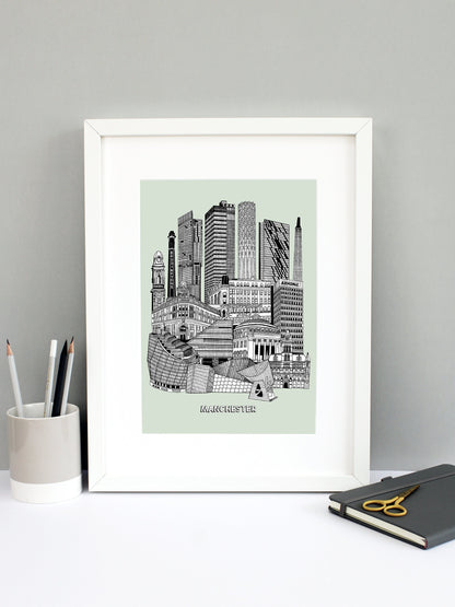 Beautifully detailed Manchester Illustration print. The perfect gift for an engagement, wedding, birthday, anniversary and house warming. It features all the well known buildings and landmarks from the vibrant UK city. The buildings and landmarks featured are: The Lowry, Angel Row, The Printworks, The Principal Hotel, Boddingtons Chimney, Beetham Tower, CIS Tower, Tower of Light, Axis Tower, Macintosh Factory Chimney, Afflecks Palace, Arndale Centre, The Urbis, Manchester Central Library and Manchester Town