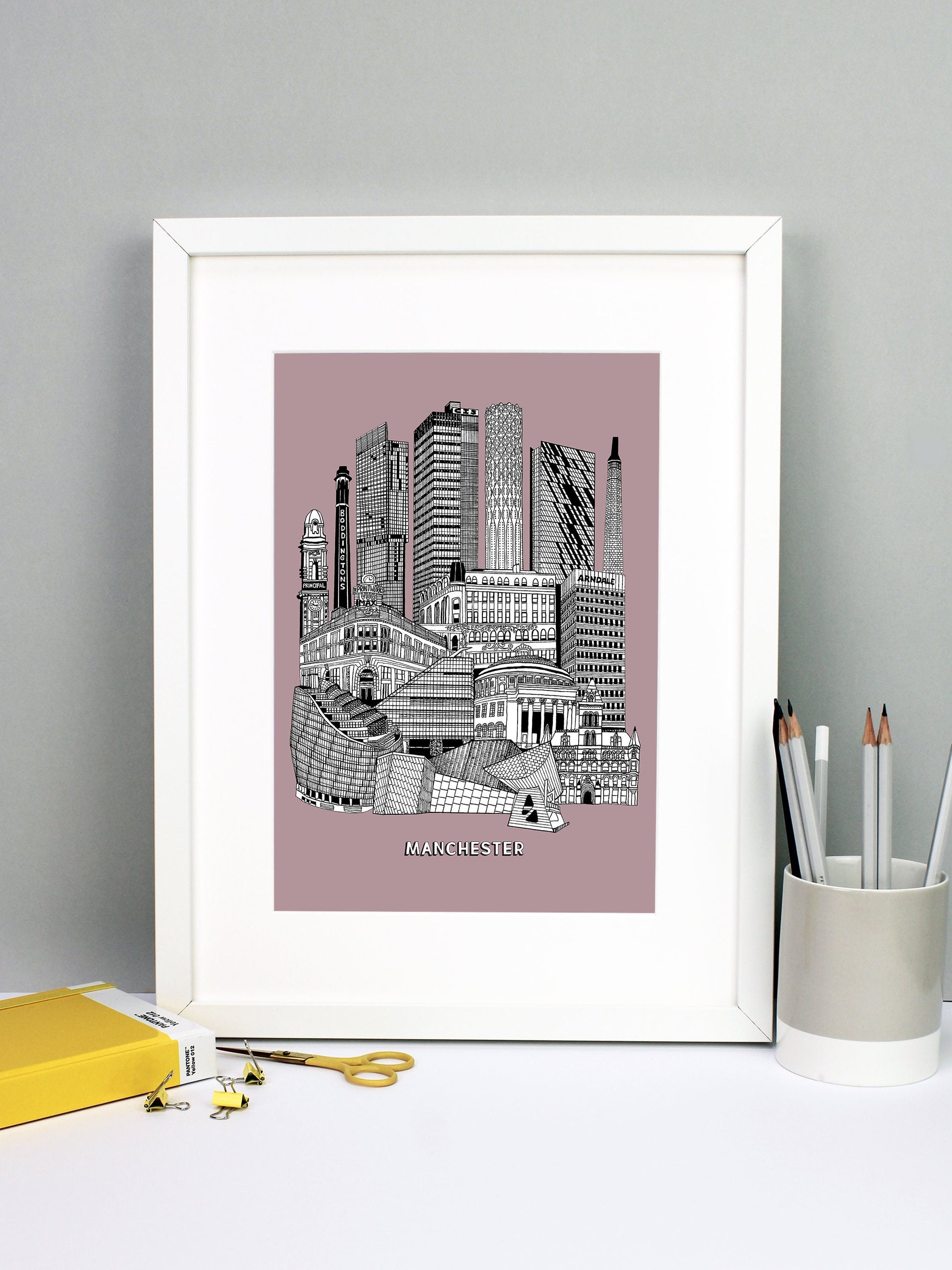 Beautifully detailed Manchester Illustration print. The perfect gift for an engagement, wedding, birthday, anniversary and house warming. It features all the well known buildings and landmarks from the vibrant UK city. The buildings and landmarks featured are: The Lowry, Angel Row, The Printworks, The Principal Hotel, Boddingtons Chimney, Beetham Tower, CIS Tower, Tower of Light, Axis Tower, Macintosh Factory Chimney, Afflecks Palace, Arndale Centre, The Urbis, Manchester Central Library and Manchester Town