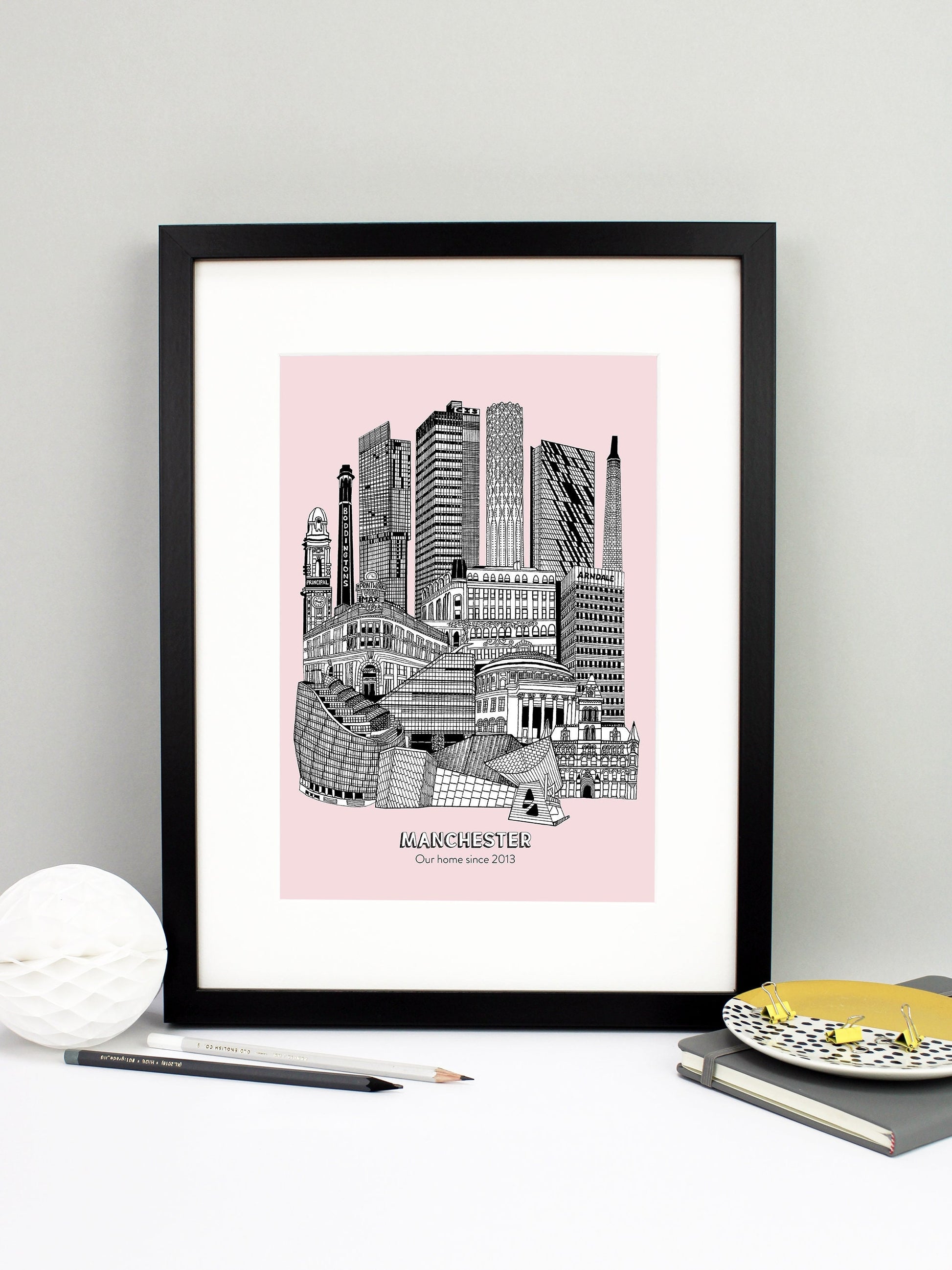 Beautifully detailed Manchester Illustration print. The perfect gift for an engagement, wedding, birthday, anniversary and house warming. It features all the well known buildings and landmarks from the vibrant UK city. The buildings and landmarks featured are: The Lowry, Angel Row, The Printworks, The Principal Hotel, Boddingtons Chimney, Beetham Tower, CIS Tower, Tower of Light, Axis Tower, Macintosh Factory Chimney, Afflecks Palace, Arndale Centre, The Urbis, Manchester Central Library and Manchester Town