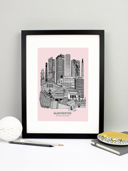Beautifully detailed Manchester Illustration print. The perfect gift for an engagement, wedding, birthday, anniversary and house warming. It features all the well known buildings and landmarks from the vibrant UK city. The buildings and landmarks featured are: The Lowry, Angel Row, The Printworks, The Principal Hotel, Boddingtons Chimney, Beetham Tower, CIS Tower, Tower of Light, Axis Tower, Macintosh Factory Chimney, Afflecks Palace, Arndale Centre, The Urbis, Manchester Central Library and Manchester Town