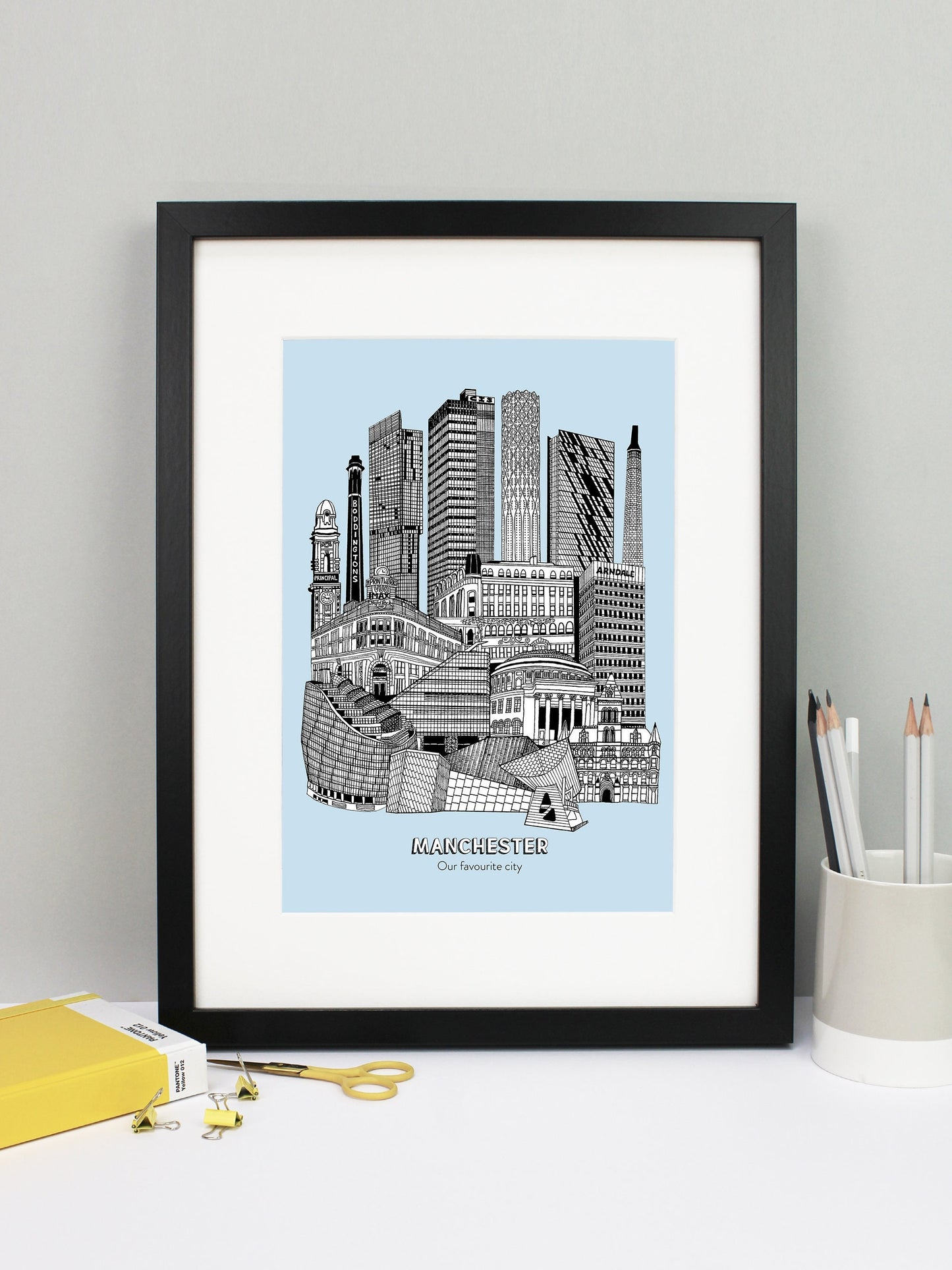 Beautifully detailed Manchester Illustration print. The perfect gift for an engagement, wedding, birthday, anniversary and house warming. It features all the well known buildings and landmarks from the vibrant UK city. The buildings and landmarks featured are: The Lowry, Angel Row, The Printworks, The Principal Hotel, Boddingtons Chimney, Beetham Tower, CIS Tower, Tower of Light, Axis Tower, Macintosh Factory Chimney, Afflecks Palace, Arndale Centre, The Urbis, Manchester Central Library and Manchester Town