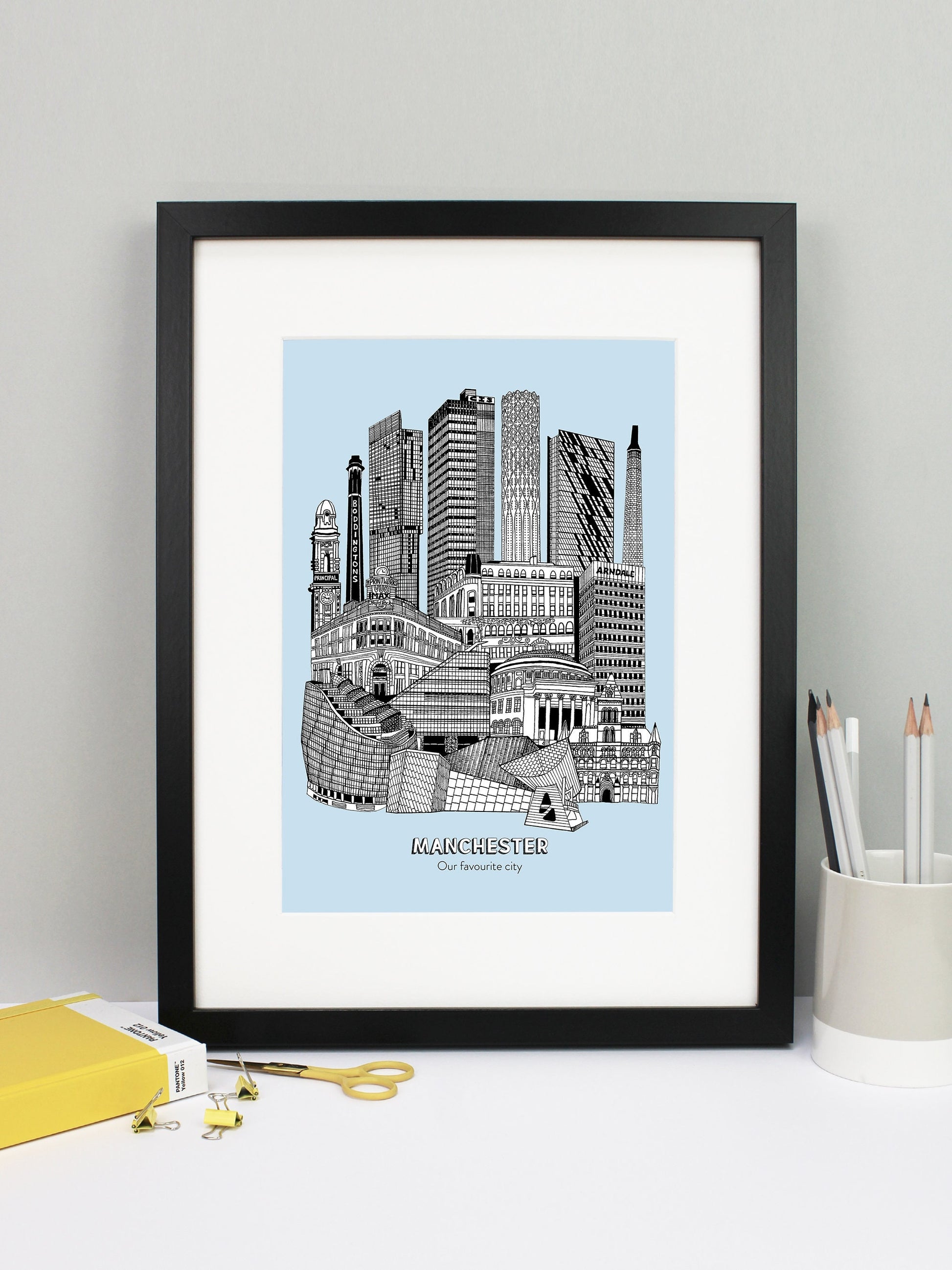 Beautifully detailed Manchester Illustration print. The perfect gift for an engagement, wedding, birthday, anniversary and house warming. It features all the well known buildings and landmarks from the vibrant UK city. The buildings and landmarks featured are: The Lowry, Angel Row, The Printworks, The Principal Hotel, Boddingtons Chimney, Beetham Tower, CIS Tower, Tower of Light, Axis Tower, Macintosh Factory Chimney, Afflecks Palace, Arndale Centre, The Urbis, Manchester Central Library and Manchester Town