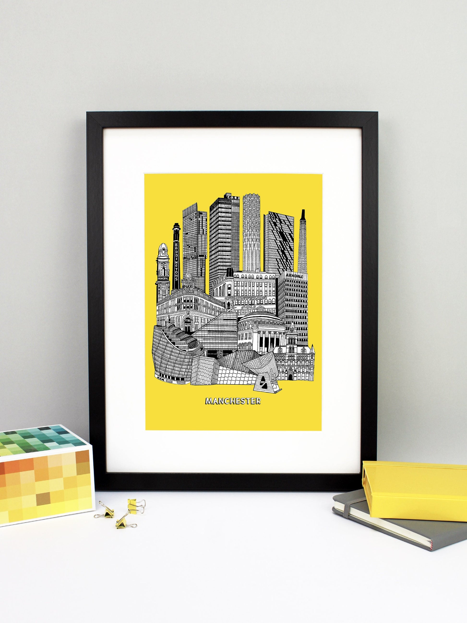Beautifully detailed Manchester Illustration print. The perfect gift for an engagement, wedding, birthday, anniversary and house warming. It features all the well known buildings and landmarks from the vibrant UK city. The buildings and landmarks featured are: The Lowry, Angel Row, The Printworks, The Principal Hotel, Boddingtons Chimney, Beetham Tower, CIS Tower, Tower of Light, Axis Tower, Macintosh Factory Chimney, Afflecks Palace, Arndale Centre, The Urbis, Manchester Central Library and Manchester Town
