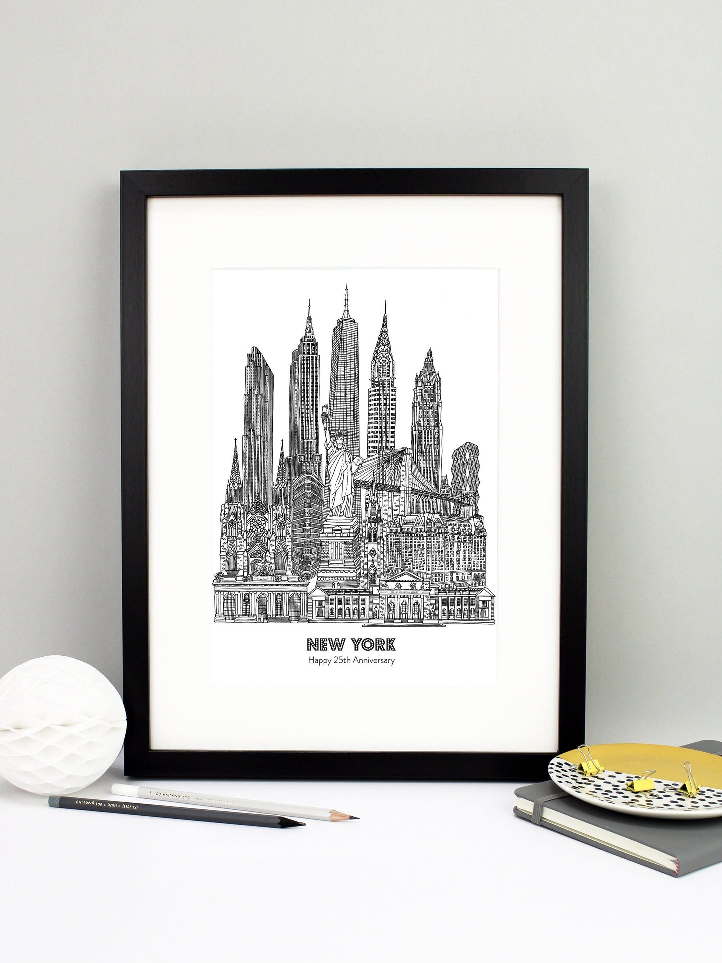 Beautifully detailed New York City illustration print. The perfect gift for an engagement, wedding, birthday, anniversary and house warming. It features all the well known buildings and landmarks from the vibrant city. The buildings and landmarks featured are: Grand Central Terminal, The New York Public Library, Plaza Hotel, Trinity Church, Statue of Liberty, Flatiron Building, St Patrick's Cathedral, Brooklyn Bridge, Hearst Tower, Woolworth Building, Chrysler Building, One World Trade Center aka The Freedo