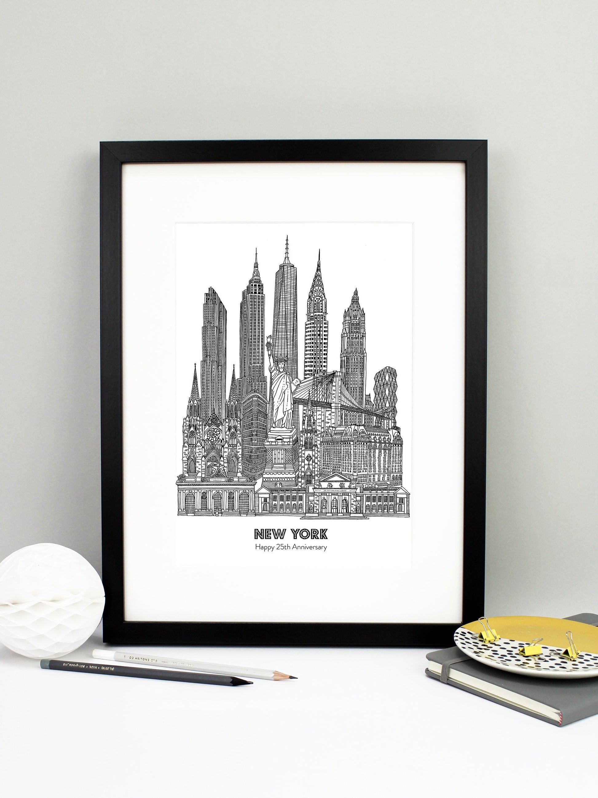 Beautifully detailed New York City illustration print. The perfect gift for an engagement, wedding, birthday, anniversary and house warming. It features all the well known buildings and landmarks from the vibrant city. The buildings and landmarks featured are: Grand Central Terminal, The New York Public Library, Plaza Hotel, Trinity Church, Statue of Liberty, Flatiron Building, St Patrick's Cathedral, Brooklyn Bridge, Hearst Tower, Woolworth Building, Chrysler Building, One World Trade Center aka The Freedo