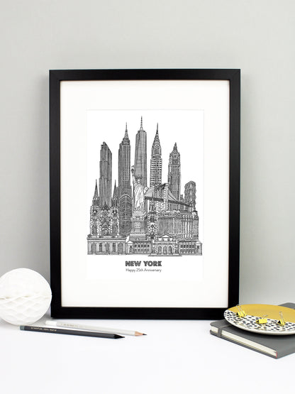 Beautifully detailed New York City illustration print. The perfect gift for an engagement, wedding, birthday, anniversary and house warming. It features all the well known buildings and landmarks from the vibrant city. The buildings and landmarks featured are: Grand Central Terminal, The New York Public Library, Plaza Hotel, Trinity Church, Statue of Liberty, Flatiron Building, St Patrick's Cathedral, Brooklyn Bridge, Hearst Tower, Woolworth Building, Chrysler Building, One World Trade Center aka The Freedo