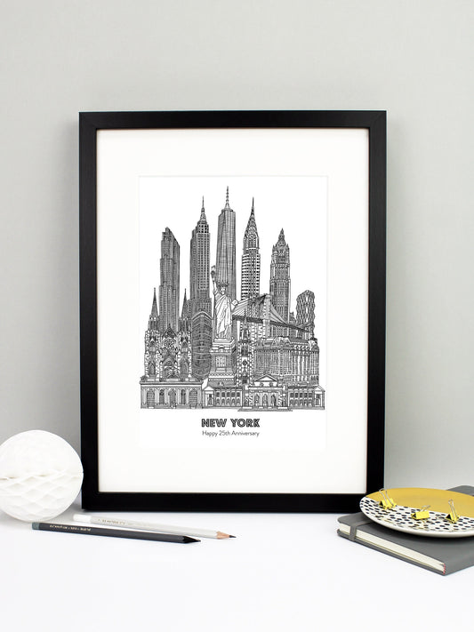 Beautifully detailed New York City illustration print. The perfect gift for an engagement, wedding, birthday, anniversary and house warming. It features all the well known buildings and landmarks from the vibrant city. The buildings and landmarks featured are: Grand Central Terminal, The New York Public Library, Plaza Hotel, Trinity Church, Statue of Liberty, Flatiron Building, St Patrick's Cathedral, Brooklyn Bridge, Hearst Tower, Woolworth Building, Chrysler Building, One World Trade Center aka The Freedo