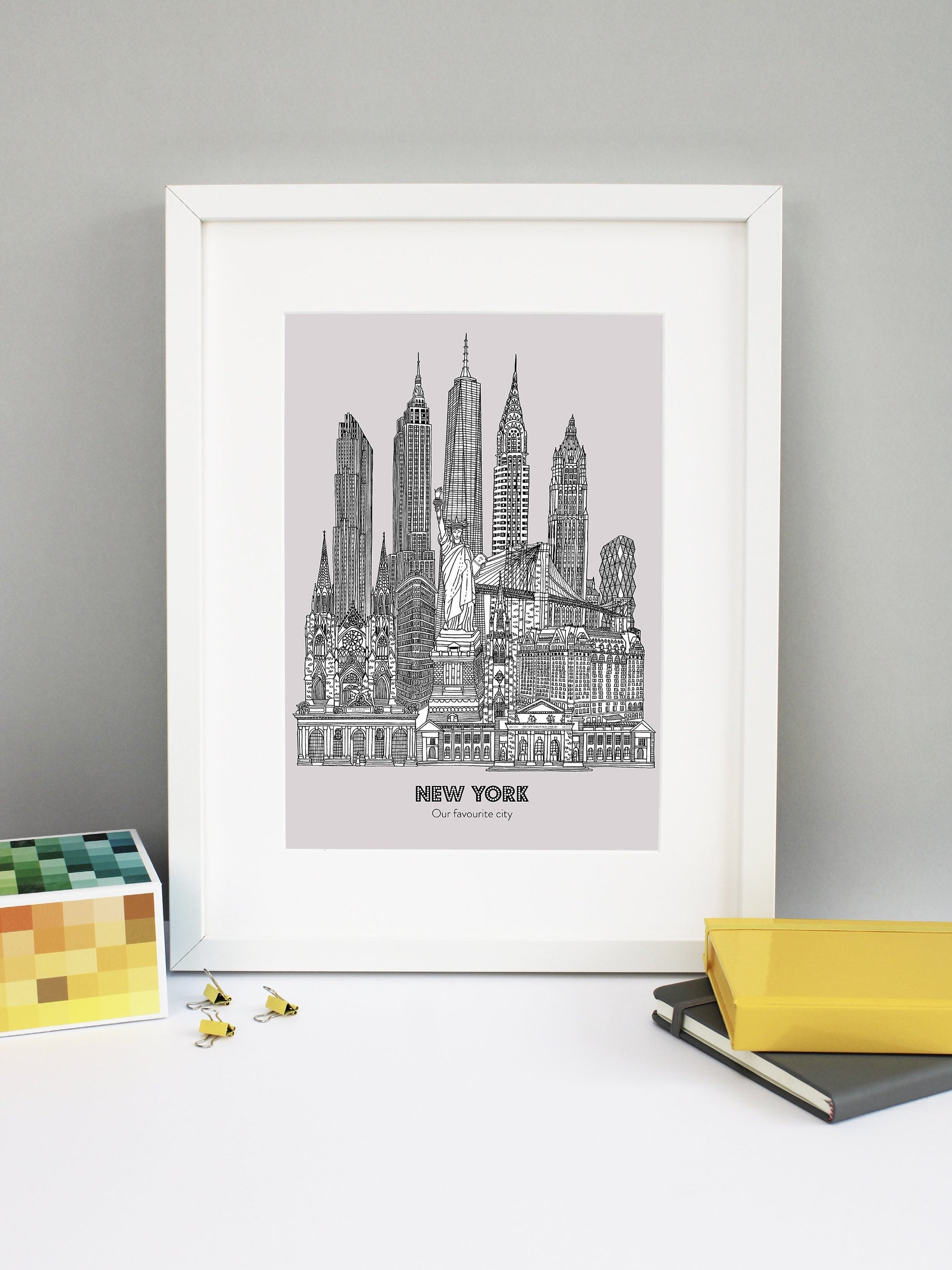 Beautifully detailed New York City illustration print. The perfect gift for an engagement, wedding, birthday, anniversary and house warming. It features all the well known buildings and landmarks from the vibrant city. The buildings and landmarks featured are: Grand Central Terminal, The New York Public Library, Plaza Hotel, Trinity Church, Statue of Liberty, Flatiron Building, St Patrick's Cathedral, Brooklyn Bridge, Hearst Tower, Woolworth Building, Chrysler Building, One World Trade Center aka The Freedo