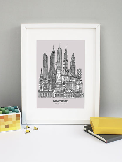 Beautifully detailed New York City illustration print. The perfect gift for an engagement, wedding, birthday, anniversary and house warming. It features all the well known buildings and landmarks from the vibrant city. The buildings and landmarks featured are: Grand Central Terminal, The New York Public Library, Plaza Hotel, Trinity Church, Statue of Liberty, Flatiron Building, St Patrick's Cathedral, Brooklyn Bridge, Hearst Tower, Woolworth Building, Chrysler Building, One World Trade Center aka The Freedo