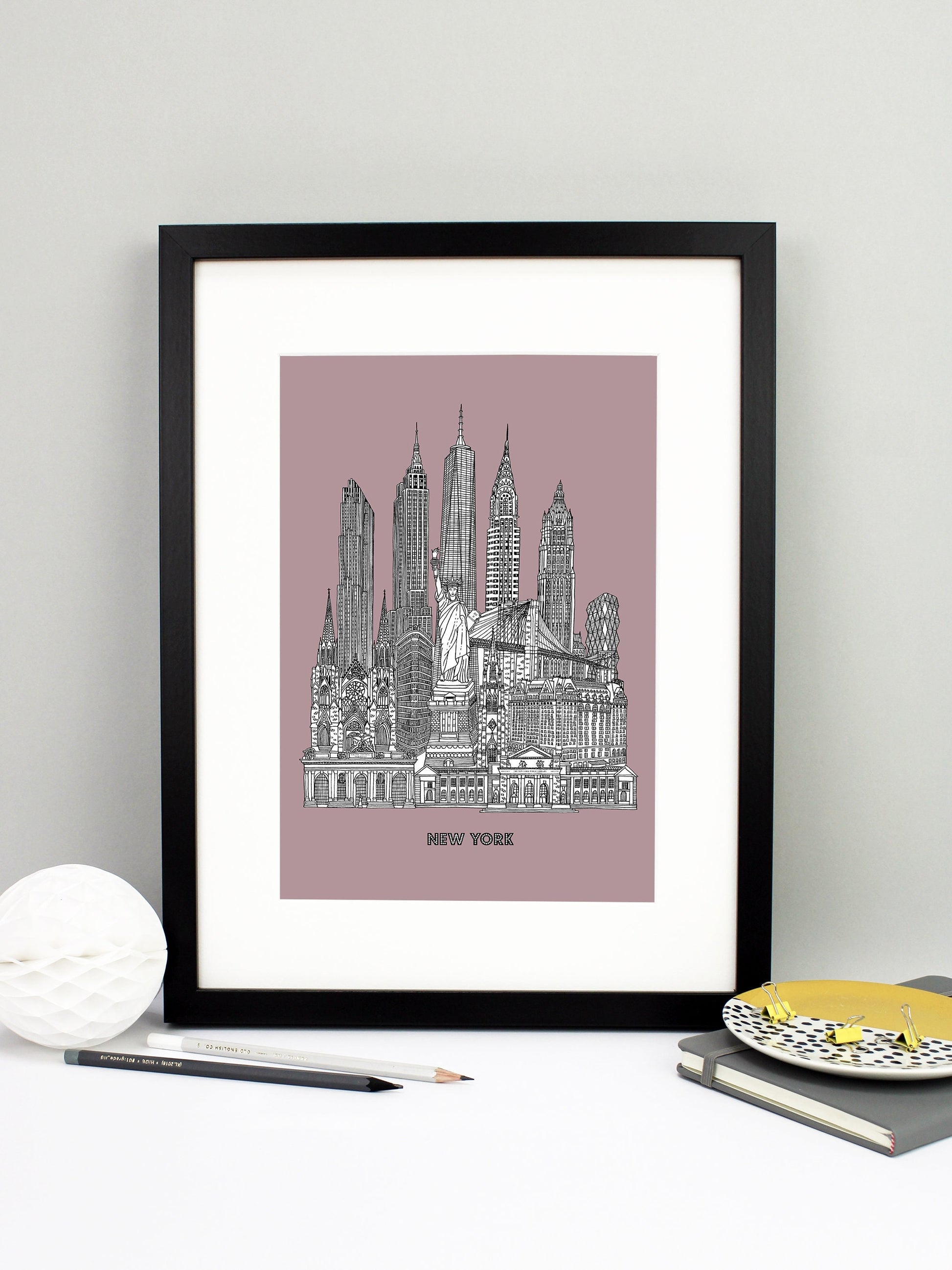 Beautifully detailed New York City illustration print. The perfect gift for an engagement, wedding, birthday, anniversary and house warming. It features all the well known buildings and landmarks from the vibrant city. The buildings and landmarks featured are: Grand Central Terminal, The New York Public Library, Plaza Hotel, Trinity Church, Statue of Liberty, Flatiron Building, St Patrick's Cathedral, Brooklyn Bridge, Hearst Tower, Woolworth Building, Chrysler Building, One World Trade Center aka The Freedo