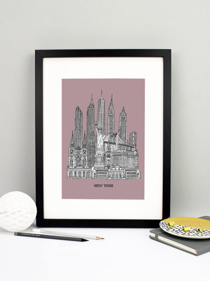 Beautifully detailed New York City illustration print. The perfect gift for an engagement, wedding, birthday, anniversary and house warming. It features all the well known buildings and landmarks from the vibrant city. The buildings and landmarks featured are: Grand Central Terminal, The New York Public Library, Plaza Hotel, Trinity Church, Statue of Liberty, Flatiron Building, St Patrick's Cathedral, Brooklyn Bridge, Hearst Tower, Woolworth Building, Chrysler Building, One World Trade Center aka The Freedo