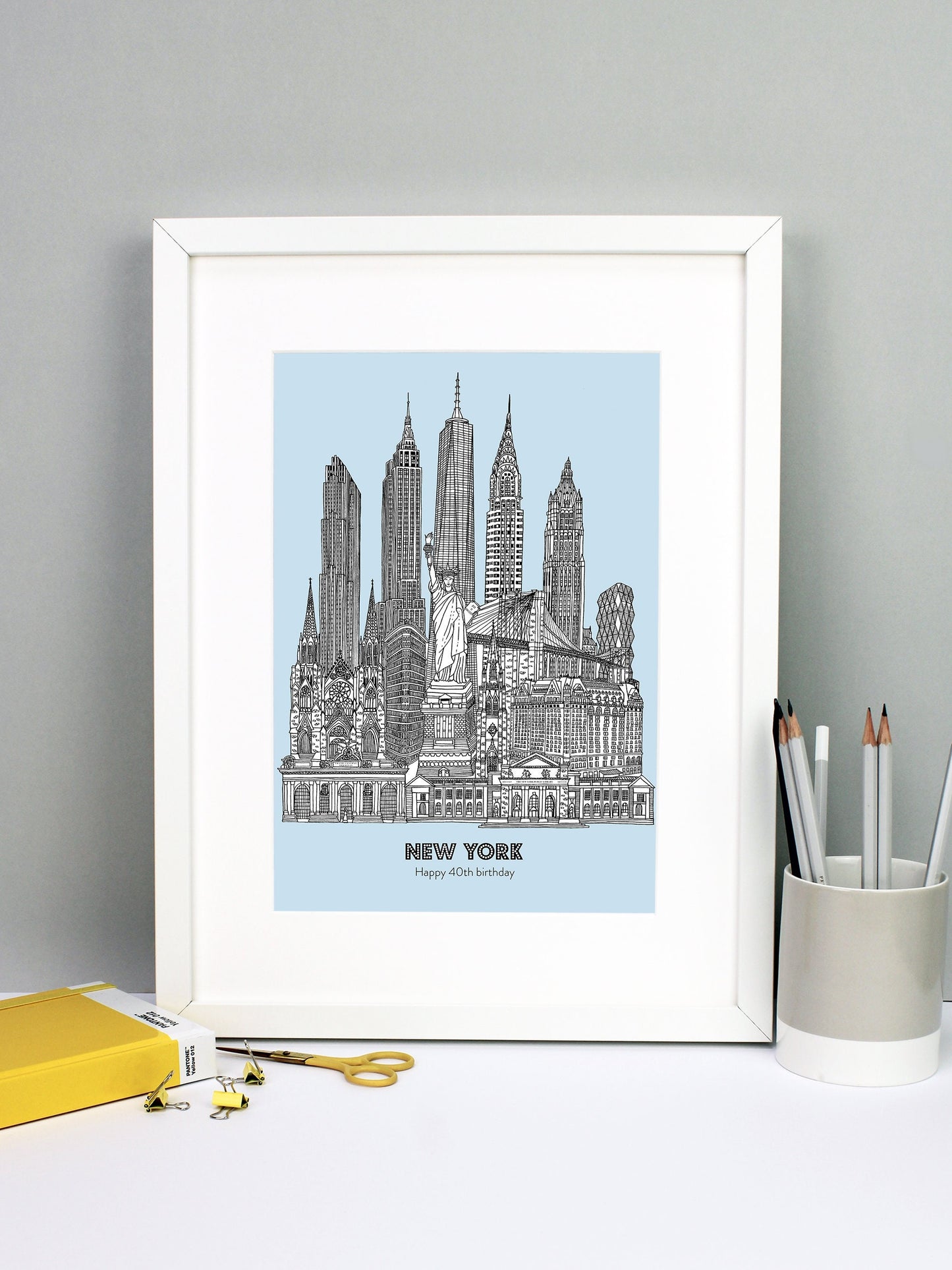 Beautifully detailed New York City illustration print. The perfect gift for an engagement, wedding, birthday, anniversary and house warming. It features all the well known buildings and landmarks from the vibrant city. The buildings and landmarks featured are: Grand Central Terminal, The New York Public Library, Plaza Hotel, Trinity Church, Statue of Liberty, Flatiron Building, St Patrick's Cathedral, Brooklyn Bridge, Hearst Tower, Woolworth Building, Chrysler Building, One World Trade Center aka The Freedo