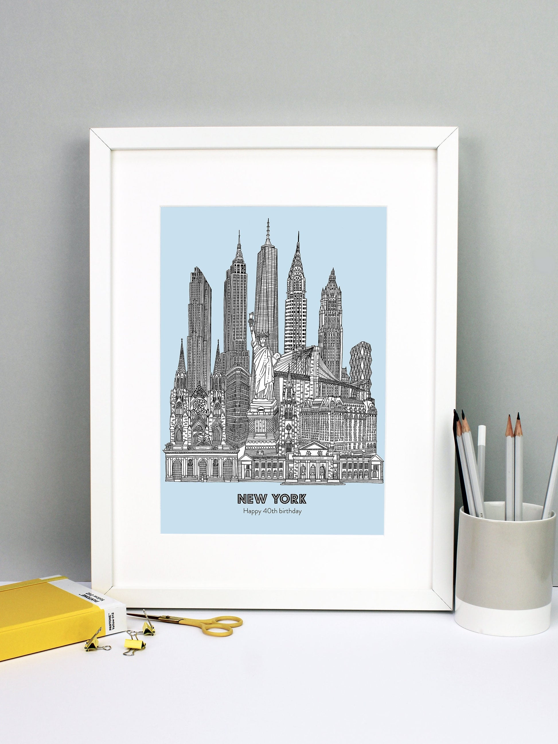 Beautifully detailed New York City illustration print. The perfect gift for an engagement, wedding, birthday, anniversary and house warming. It features all the well known buildings and landmarks from the vibrant city. The buildings and landmarks featured are: Grand Central Terminal, The New York Public Library, Plaza Hotel, Trinity Church, Statue of Liberty, Flatiron Building, St Patrick's Cathedral, Brooklyn Bridge, Hearst Tower, Woolworth Building, Chrysler Building, One World Trade Center aka The Freedo
