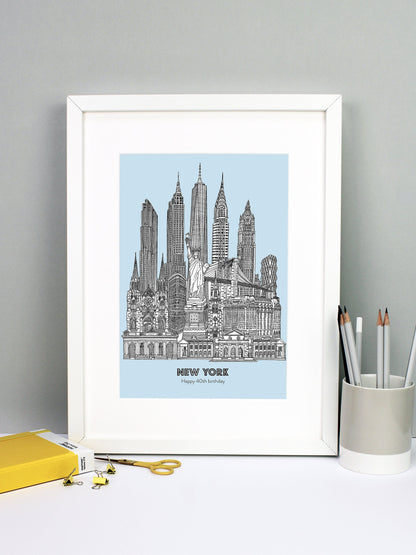 Beautifully detailed New York City illustration print. The perfect gift for an engagement, wedding, birthday, anniversary and house warming. It features all the well known buildings and landmarks from the vibrant city. The buildings and landmarks featured are: Grand Central Terminal, The New York Public Library, Plaza Hotel, Trinity Church, Statue of Liberty, Flatiron Building, St Patrick's Cathedral, Brooklyn Bridge, Hearst Tower, Woolworth Building, Chrysler Building, One World Trade Center aka The Freedo