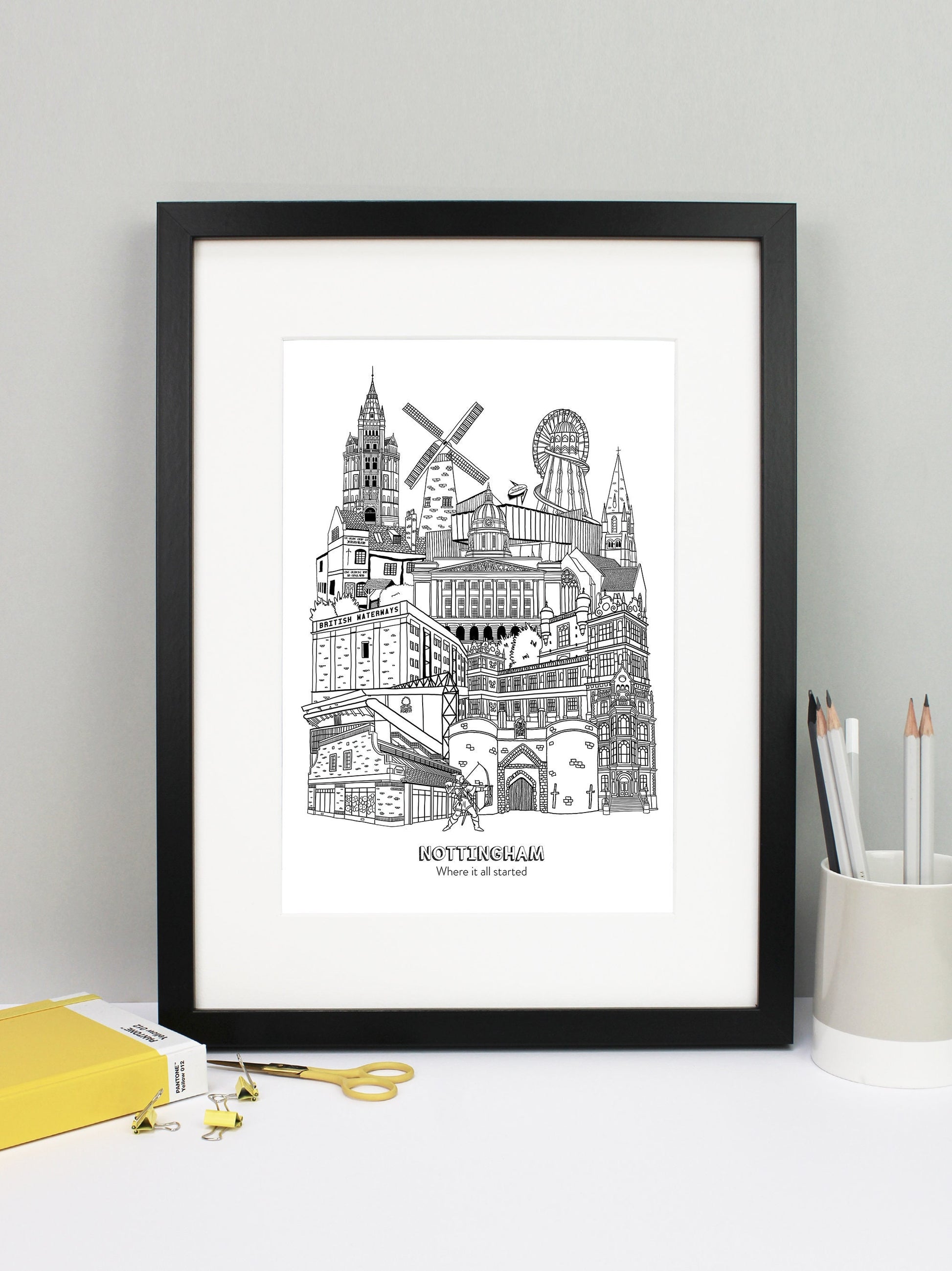 Beautifully detailed Nottingham Illustration print. The perfect gift for an engagement, wedding, birthday, anniversary and house warming. It features all the well known buildings and landmarks from the vibrant UK city. The buildings and landmarks featured are: Nottingham Contemporary, Wollaton Hall, Nottingham Council House, Ye Olde Trip To Jerusalem, Nottingham Castle, British Waterways, The Pitcher and Piano, Green's Windmill, The Adams Building, The Alchemist, City Ground, Sneinton Market, Green's Windmi