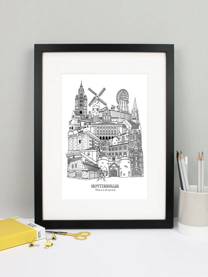 Beautifully detailed Nottingham Illustration print. The perfect gift for an engagement, wedding, birthday, anniversary and house warming. It features all the well known buildings and landmarks from the vibrant UK city. The buildings and landmarks featured are: Nottingham Contemporary, Wollaton Hall, Nottingham Council House, Ye Olde Trip To Jerusalem, Nottingham Castle, British Waterways, The Pitcher and Piano, Green's Windmill, The Adams Building, The Alchemist, City Ground, Sneinton Market, Green's Windmi