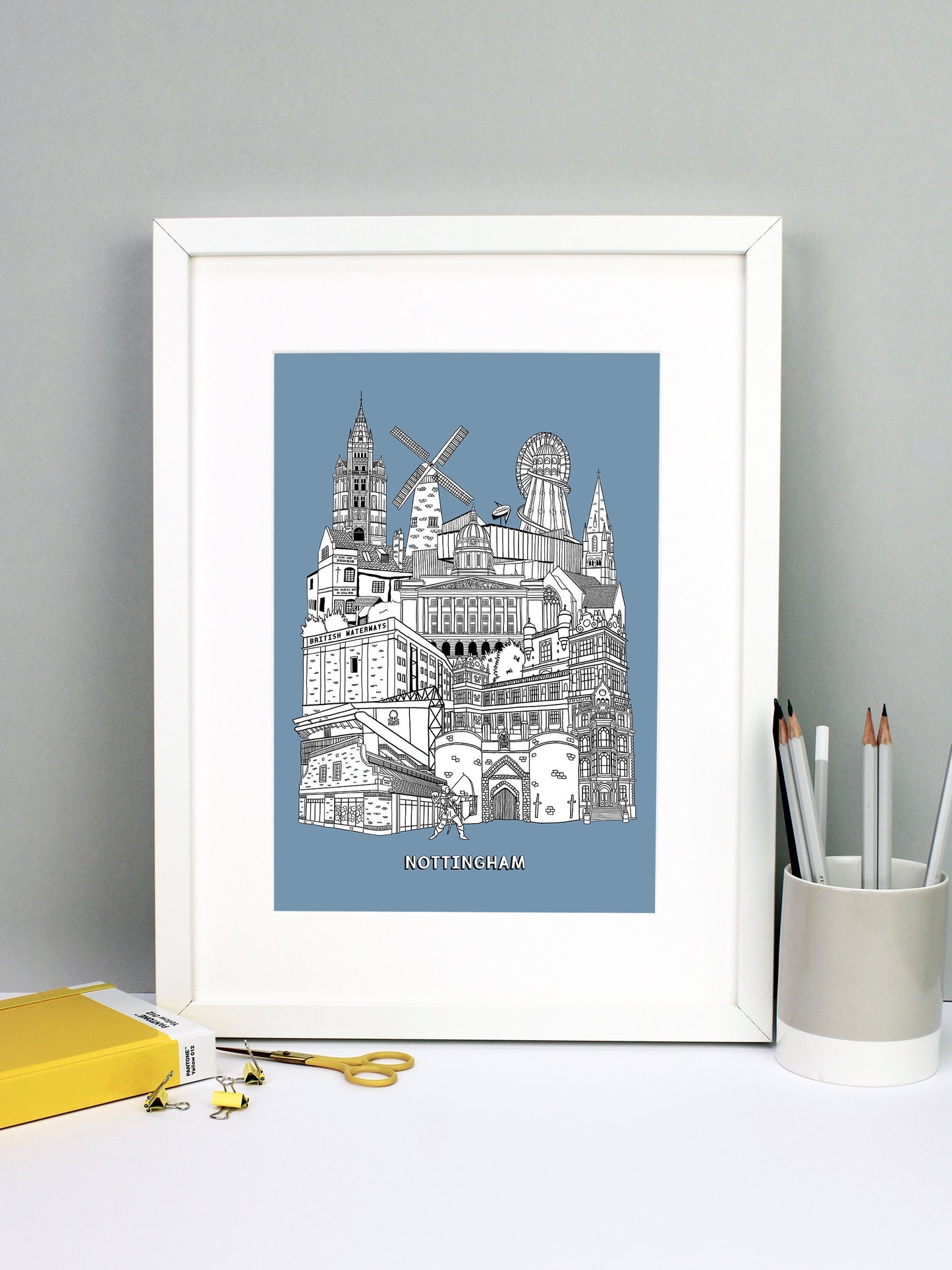Beautifully detailed Nottingham Illustration print. The perfect gift for an engagement, wedding, birthday, anniversary and house warming. It features all the well known buildings and landmarks from the vibrant UK city. The buildings and landmarks featured are: Nottingham Contemporary, Wollaton Hall, Nottingham Council House, Ye Olde Trip To Jerusalem, Nottingham Castle, British Waterways, The Pitcher and Piano, Green's Windmill, The Adams Building, The Alchemist, City Ground, Sneinton Market, Green's Windmi