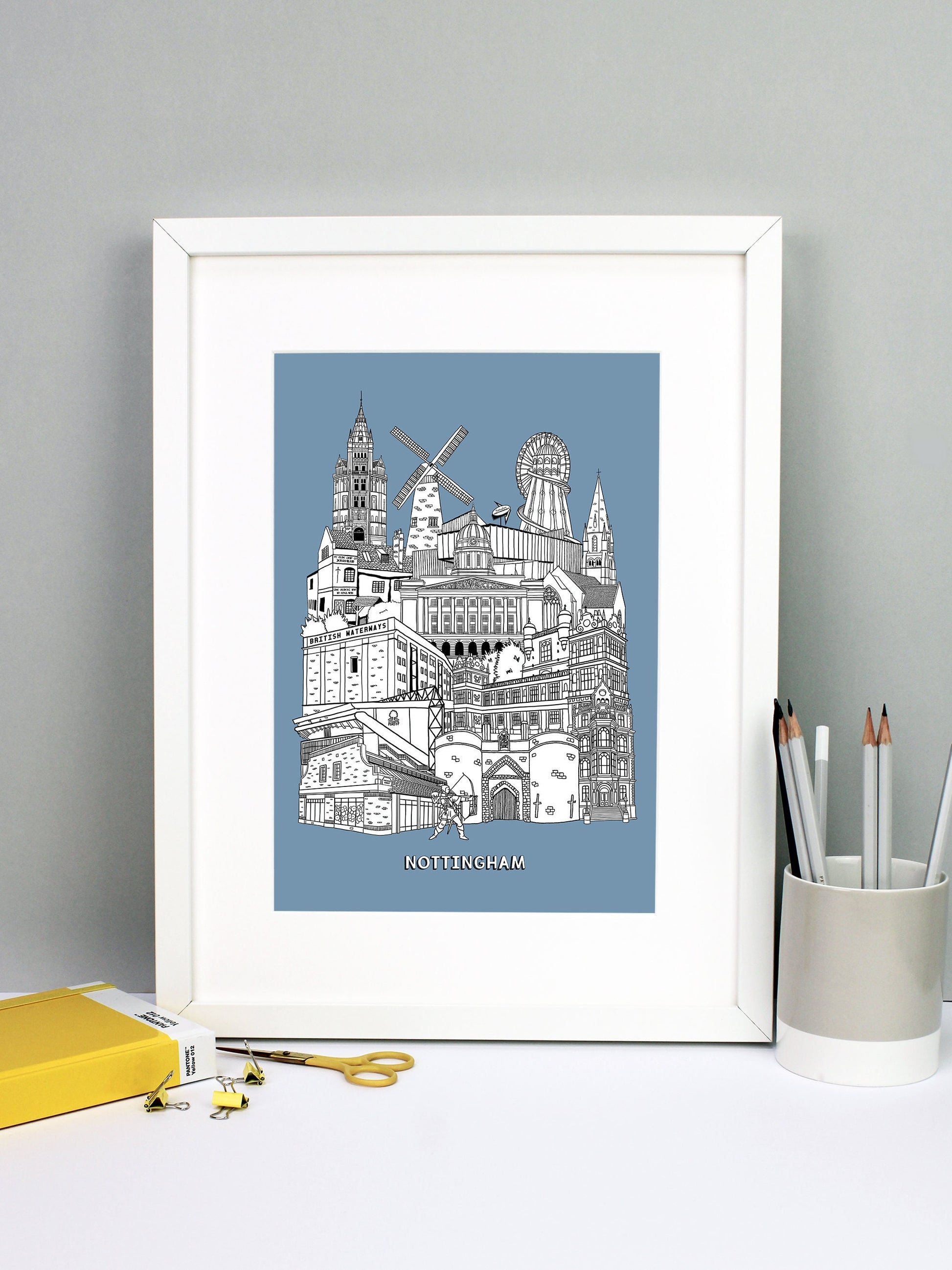 Beautifully detailed Nottingham Illustration print. The perfect gift for an engagement, wedding, birthday, anniversary and house warming. It features all the well known buildings and landmarks from the vibrant UK city. The buildings and landmarks featured are: Nottingham Contemporary, Wollaton Hall, Nottingham Council House, Ye Olde Trip To Jerusalem, Nottingham Castle, British Waterways, The Pitcher and Piano, Green's Windmill, The Adams Building, The Alchemist, City Ground, Sneinton Market, Green's Windmi