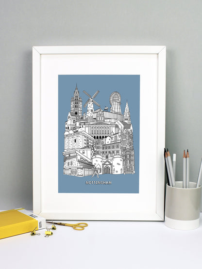 Beautifully detailed Nottingham Illustration print. The perfect gift for an engagement, wedding, birthday, anniversary and house warming. It features all the well known buildings and landmarks from the vibrant UK city. The buildings and landmarks featured are: Nottingham Contemporary, Wollaton Hall, Nottingham Council House, Ye Olde Trip To Jerusalem, Nottingham Castle, British Waterways, The Pitcher and Piano, Green's Windmill, The Adams Building, The Alchemist, City Ground, Sneinton Market, Green's Windmi