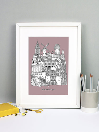 Beautifully detailed Nottingham Illustration print. The perfect gift for an engagement, wedding, birthday, anniversary and house warming. It features all the well known buildings and landmarks from the vibrant UK city. The buildings and landmarks featured are: Nottingham Contemporary, Wollaton Hall, Nottingham Council House, Ye Olde Trip To Jerusalem, Nottingham Castle, British Waterways, The Pitcher and Piano, Green's Windmill, The Adams Building, The Alchemist, City Ground, Sneinton Market, Green's Windmi