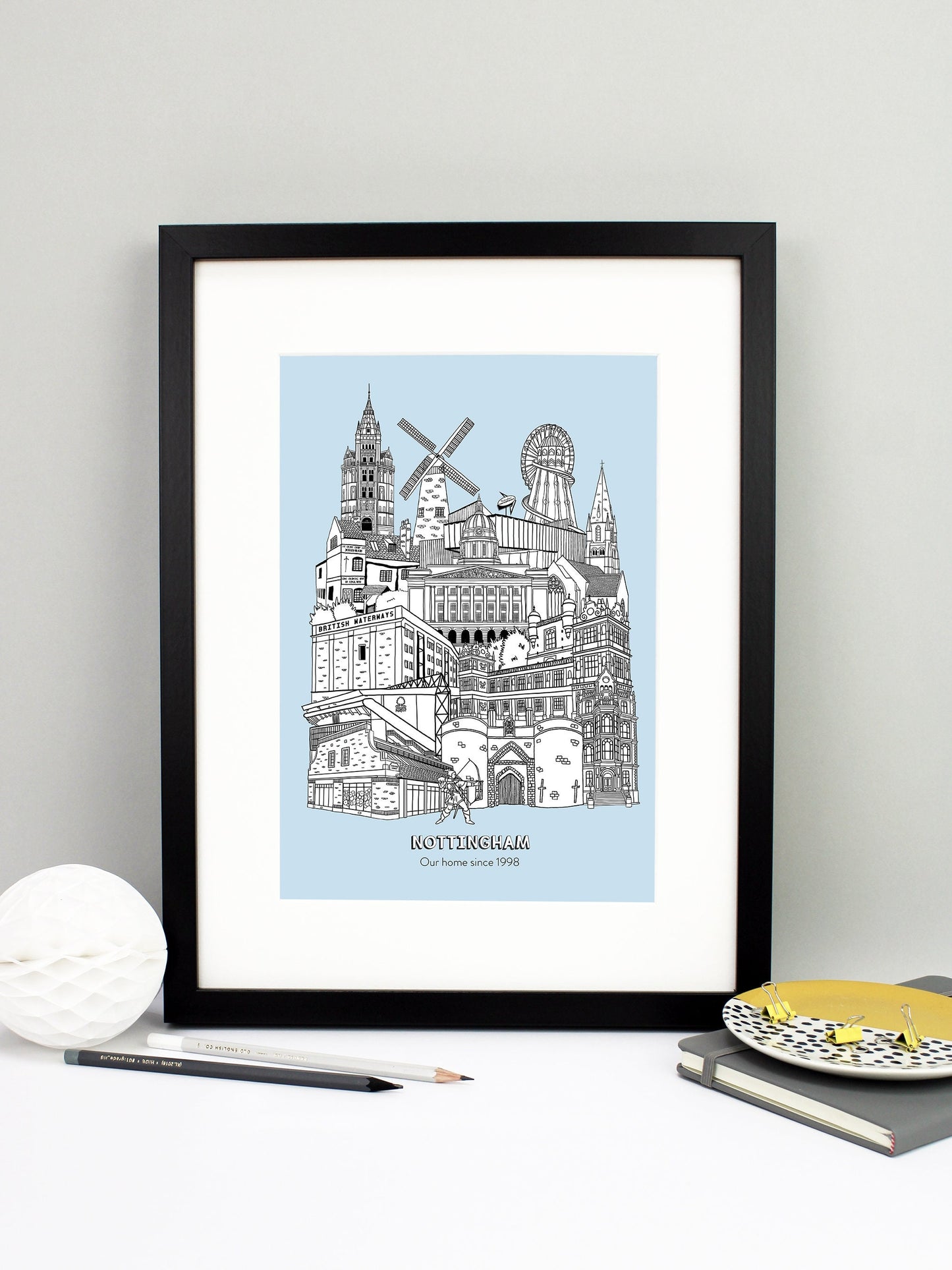 Beautifully detailed Nottingham Illustration print. The perfect gift for an engagement, wedding, birthday, anniversary and house warming. It features all the well known buildings and landmarks from the vibrant UK city. The buildings and landmarks featured are: Nottingham Contemporary, Wollaton Hall, Nottingham Council House, Ye Olde Trip To Jerusalem, Nottingham Castle, British Waterways, The Pitcher and Piano, Green's Windmill, The Adams Building, The Alchemist, City Ground, Sneinton Market, Green's Windmi