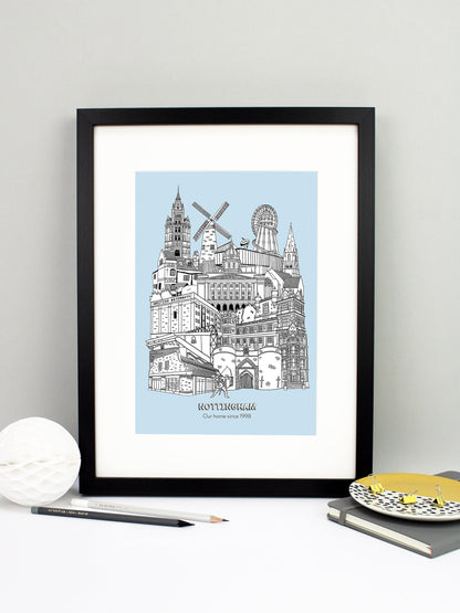 Beautifully detailed Nottingham Illustration print. The perfect gift for an engagement, wedding, birthday, anniversary and house warming. It features all the well known buildings and landmarks from the vibrant UK city. The buildings and landmarks featured are: Nottingham Contemporary, Wollaton Hall, Nottingham Council House, Ye Olde Trip To Jerusalem, Nottingham Castle, British Waterways, The Pitcher and Piano, Green's Windmill, The Adams Building, The Alchemist, City Ground, Sneinton Market, Green's Windmi