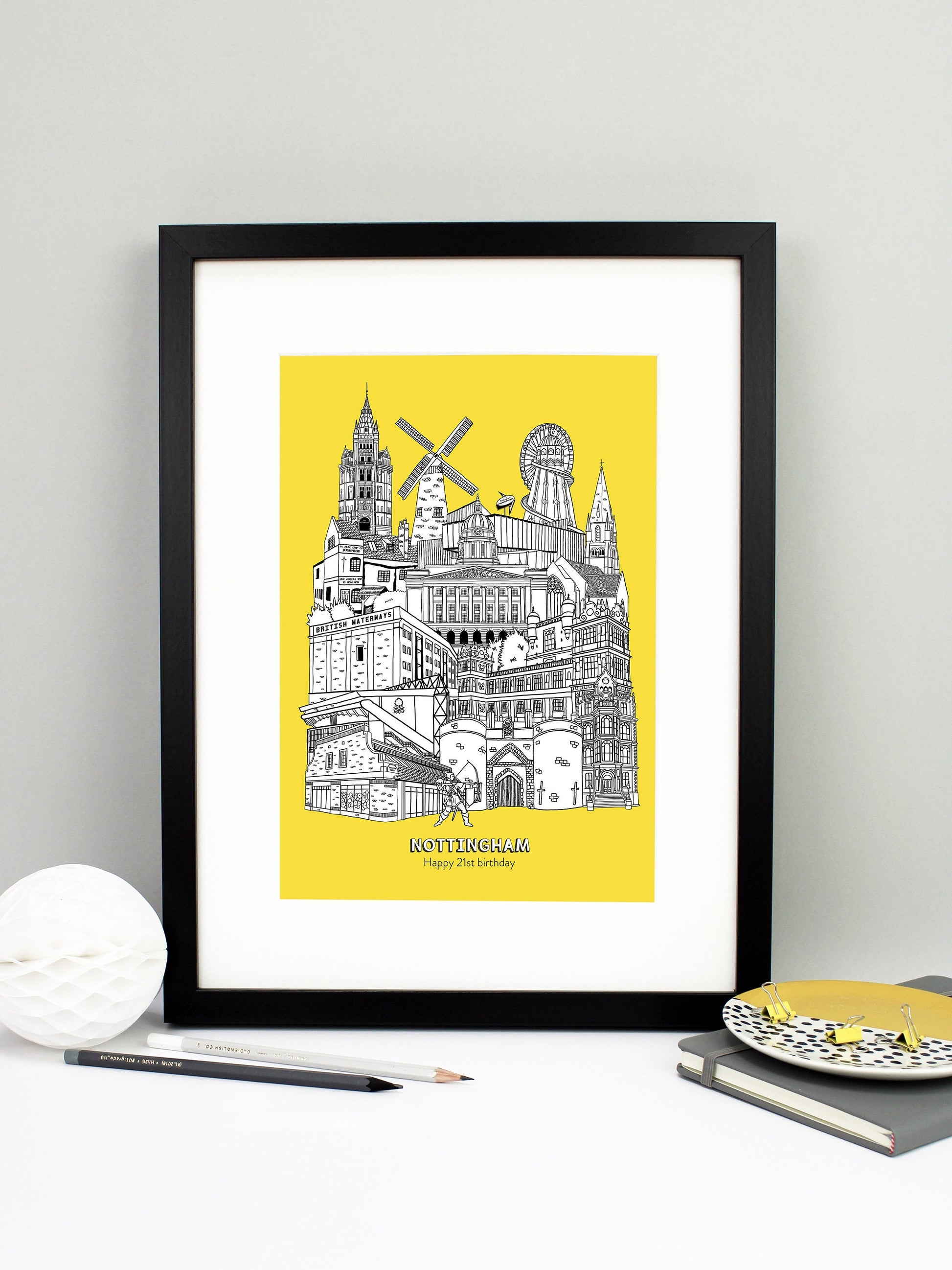 Beautifully detailed Nottingham Illustration print. The perfect gift for an engagement, wedding, birthday, anniversary and house warming. It features all the well known buildings and landmarks from the vibrant UK city. The buildings and landmarks featured are: Nottingham Contemporary, Wollaton Hall, Nottingham Council House, Ye Olde Trip To Jerusalem, Nottingham Castle, British Waterways, The Pitcher and Piano, Green's Windmill, The Adams Building, The Alchemist, City Ground, Sneinton Market, Green's Windmi