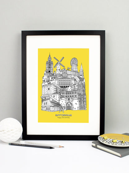 Beautifully detailed Nottingham Illustration print. The perfect gift for an engagement, wedding, birthday, anniversary and house warming. It features all the well known buildings and landmarks from the vibrant UK city. The buildings and landmarks featured are: Nottingham Contemporary, Wollaton Hall, Nottingham Council House, Ye Olde Trip To Jerusalem, Nottingham Castle, British Waterways, The Pitcher and Piano, Green's Windmill, The Adams Building, The Alchemist, City Ground, Sneinton Market, Green's Windmi