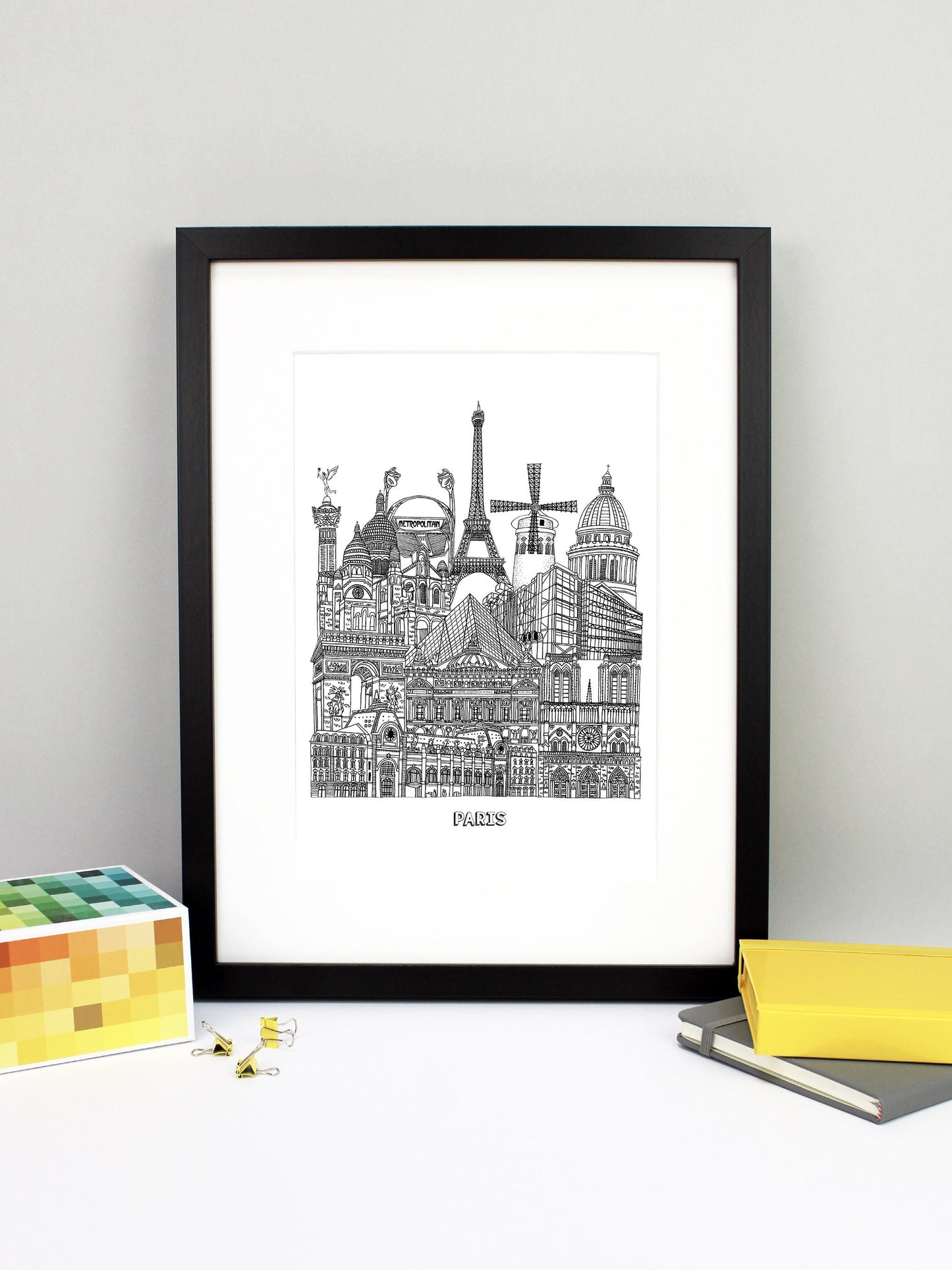 Beautifully detailed Paris Illustration print. The perfect gift for an engagement, wedding, birthday, anniversary and house warming. It features all the well known buildings and landmarks from the vibrant city. The buildings and landmarks featured are: Musée d'Orsay, Notre-Dame, The Palais Garnier, Arc de Triomphe, Louvre Museum, The Centre Pompidou, Sacré-Cœur, The Paris Métro, The July Column, The Eiffel Tower, Moulin Rouge windmill and the Panthéon.