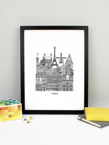 Beautifully detailed Paris Illustration print. The perfect gift for an engagement, wedding, birthday, anniversary and house warming. It features all the well known buildings and landmarks from the vibrant city. The buildings and landmarks featured are: Musée d'Orsay, Notre-Dame, The Palais Garnier, Arc de Triomphe, Louvre Museum, The Centre Pompidou, Sacré-Cœur, The Paris Métro, The July Column, The Eiffel Tower, Moulin Rouge windmill and the Panthéon.
