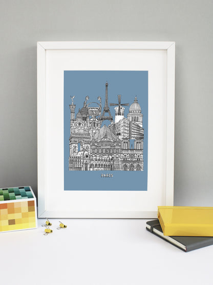 Beautifully detailed Paris Illustration print. The perfect gift for an engagement, wedding, birthday, anniversary and house warming. It features all the well known buildings and landmarks from the vibrant city. The buildings and landmarks featured are: Musée d'Orsay, Notre-Dame, The Palais Garnier, Arc de Triomphe, Louvre Museum, The Centre Pompidou, Sacré-Cœur, The Paris Métro, The July Column, The Eiffel Tower, Moulin Rouge windmill and the Panthéon.