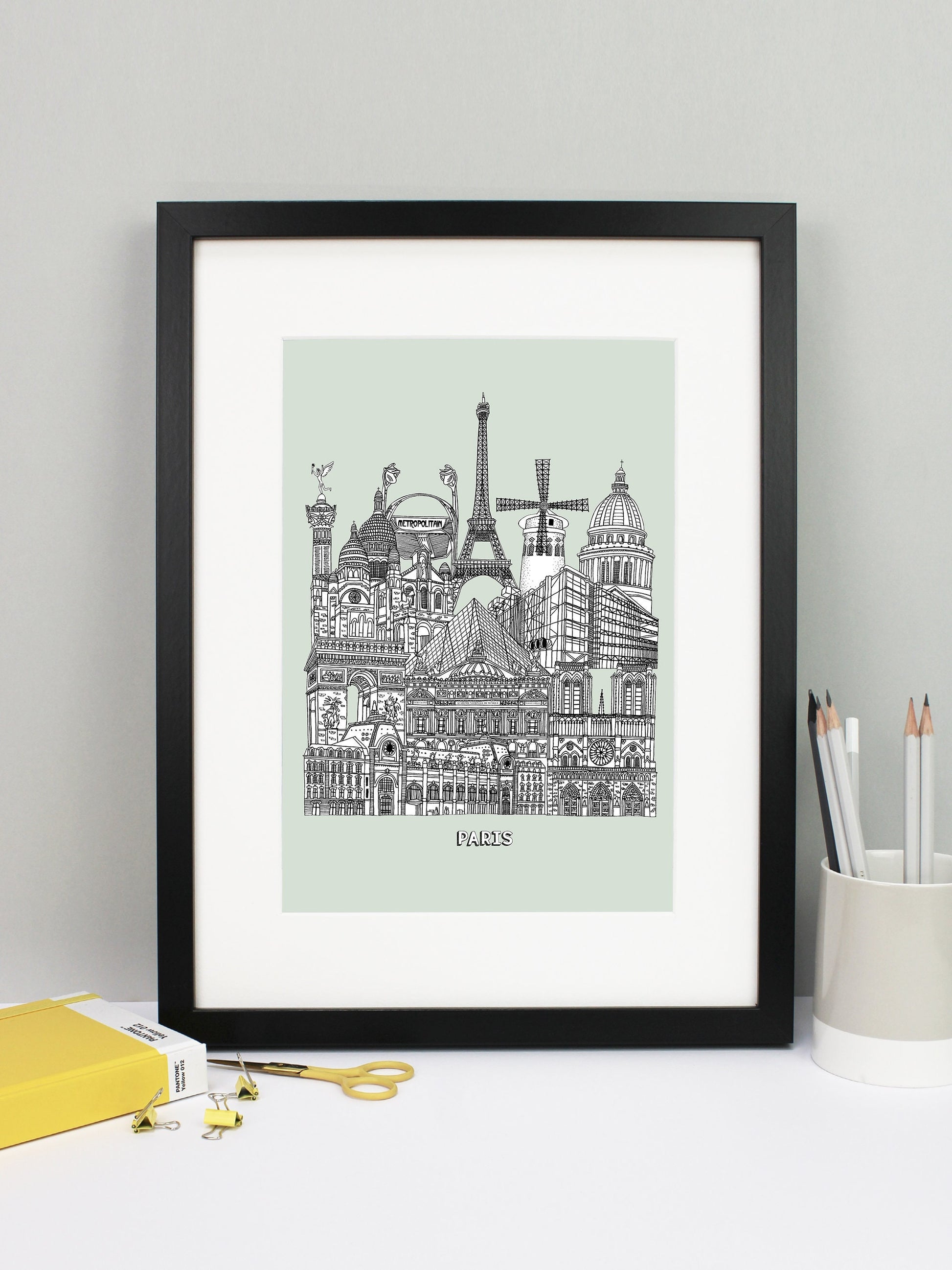 Beautifully detailed Paris Illustration print. The perfect gift for an engagement, wedding, birthday, anniversary and house warming. It features all the well known buildings and landmarks from the vibrant city. The buildings and landmarks featured are: Musée d'Orsay, Notre-Dame, The Palais Garnier, Arc de Triomphe, Louvre Museum, The Centre Pompidou, Sacré-Cœur, The Paris Métro, The July Column, The Eiffel Tower, Moulin Rouge windmill and the Panthéon