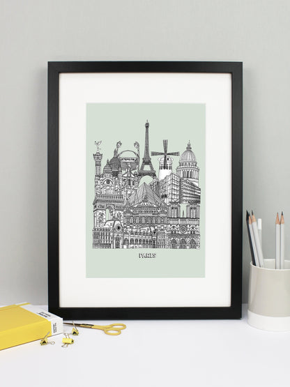 Beautifully detailed Paris Illustration print. The perfect gift for an engagement, wedding, birthday, anniversary and house warming. It features all the well known buildings and landmarks from the vibrant city. The buildings and landmarks featured are: Musée d'Orsay, Notre-Dame, The Palais Garnier, Arc de Triomphe, Louvre Museum, The Centre Pompidou, Sacré-Cœur, The Paris Métro, The July Column, The Eiffel Tower, Moulin Rouge windmill and the Panthéon