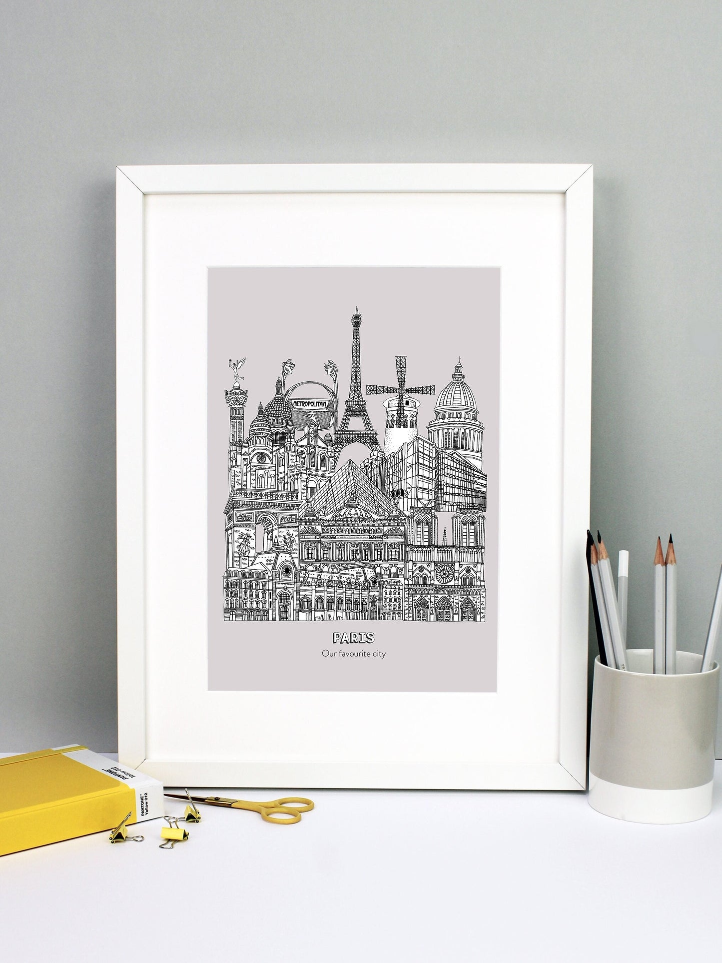 Beautifully detailed Paris Illustration print. The perfect gift for an engagement, wedding, birthday, anniversary and house warming. It features all the well known buildings and landmarks from the vibrant city. The buildings and landmarks featured are: Musée d'Orsay, Notre-Dame, The Palais Garnier, Arc de Triomphe, Louvre Museum, The Centre Pompidou, Sacré-Cœur, The Paris Métro, The July Column, The Eiffel Tower, Moulin Rouge windmill and the Panthéon.