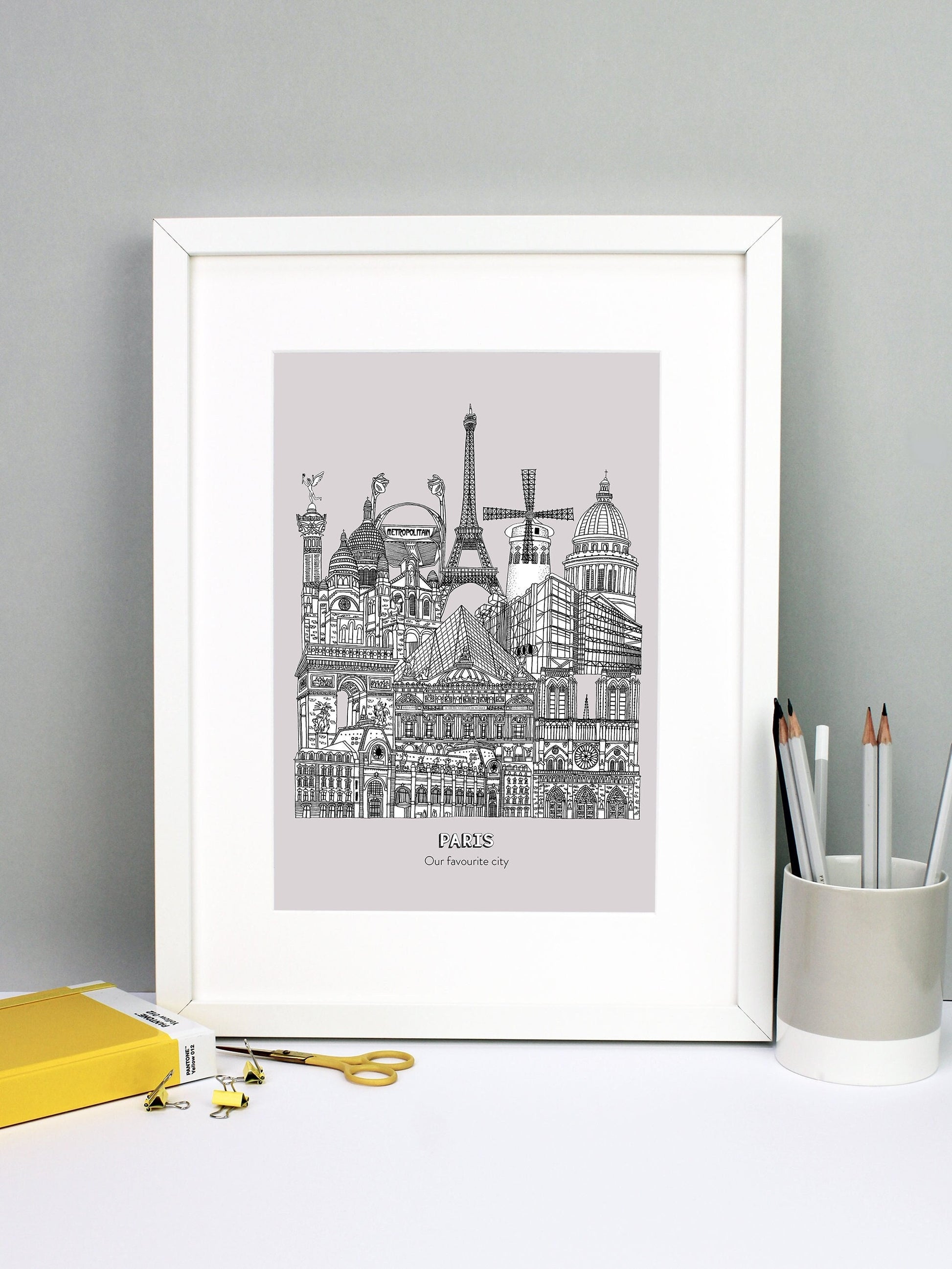 Beautifully detailed Paris Illustration print. The perfect gift for an engagement, wedding, birthday, anniversary and house warming. It features all the well known buildings and landmarks from the vibrant city. The buildings and landmarks featured are: Musée d'Orsay, Notre-Dame, The Palais Garnier, Arc de Triomphe, Louvre Museum, The Centre Pompidou, Sacré-Cœur, The Paris Métro, The July Column, The Eiffel Tower, Moulin Rouge windmill and the Panthéon.