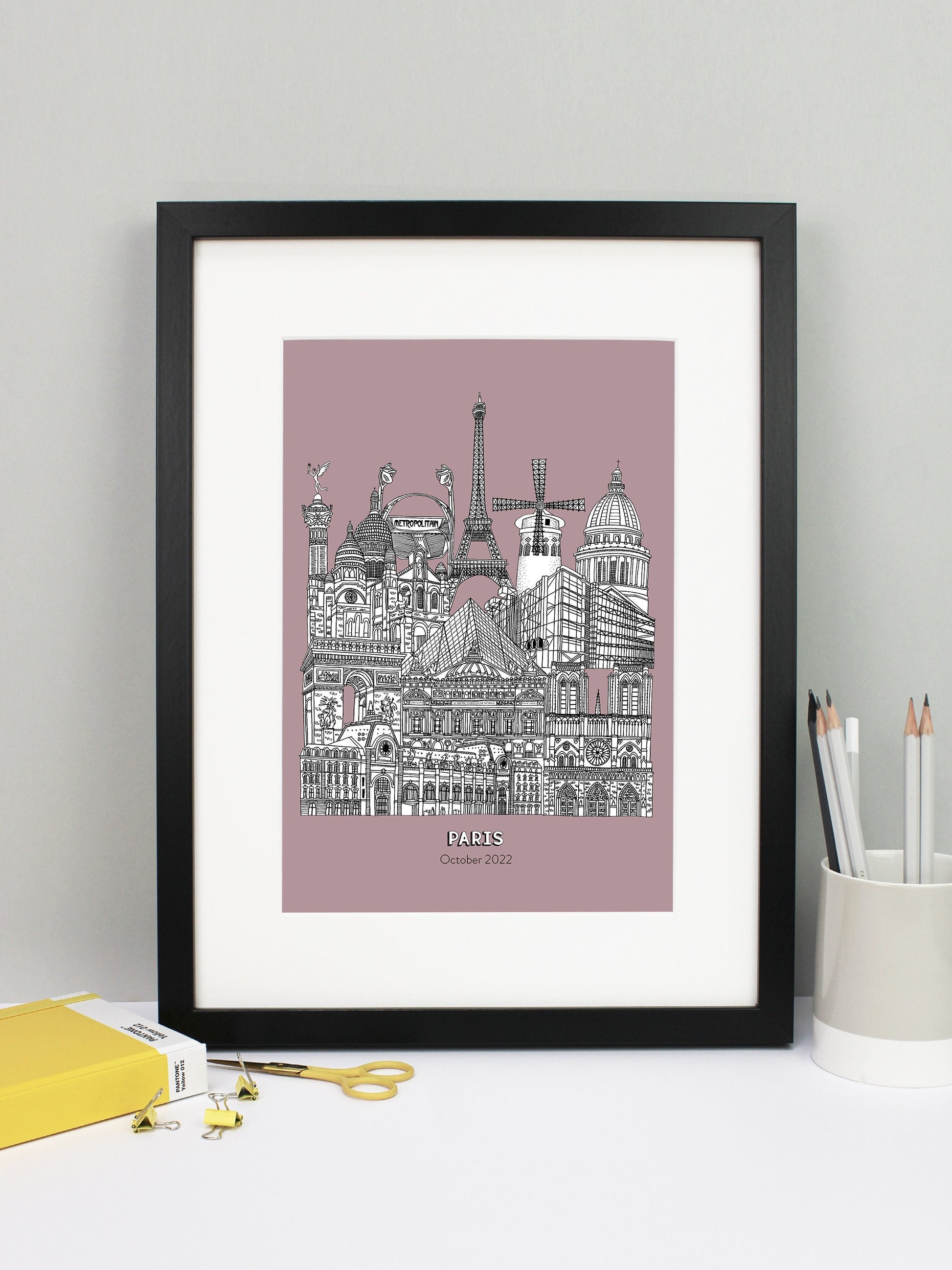 Beautifully detailed Paris Illustration print. The perfect gift for an engagement, wedding, birthday, anniversary and house warming. It features all the well known buildings and landmarks from the vibrant city. The buildings and landmarks featured are: Musée d'Orsay, Notre-Dame, The Palais Garnier, Arc de Triomphe, Louvre Museum, The Centre Pompidou, Sacré-Cœur, The Paris Métro, The July Column, The Eiffel Tower, Moulin Rouge windmill and the Panthéon.