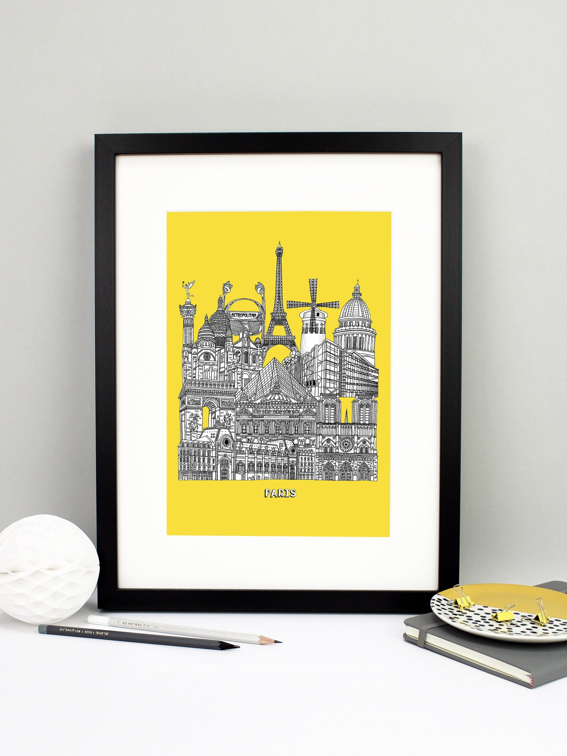 Beautifully detailed Paris Illustration print. The perfect gift for an engagement, wedding, birthday, anniversary and house warming. It features all the well known buildings and landmarks from the vibrant city. The buildings and landmarks featured are: Musée d'Orsay, Notre-Dame, The Palais Garnier, Arc de Triomphe, Louvre Museum, The Centre Pompidou, Sacré-Cœur, The Paris Métro, The July Column, The Eiffel Tower, Moulin Rouge windmill and the Panthéon.