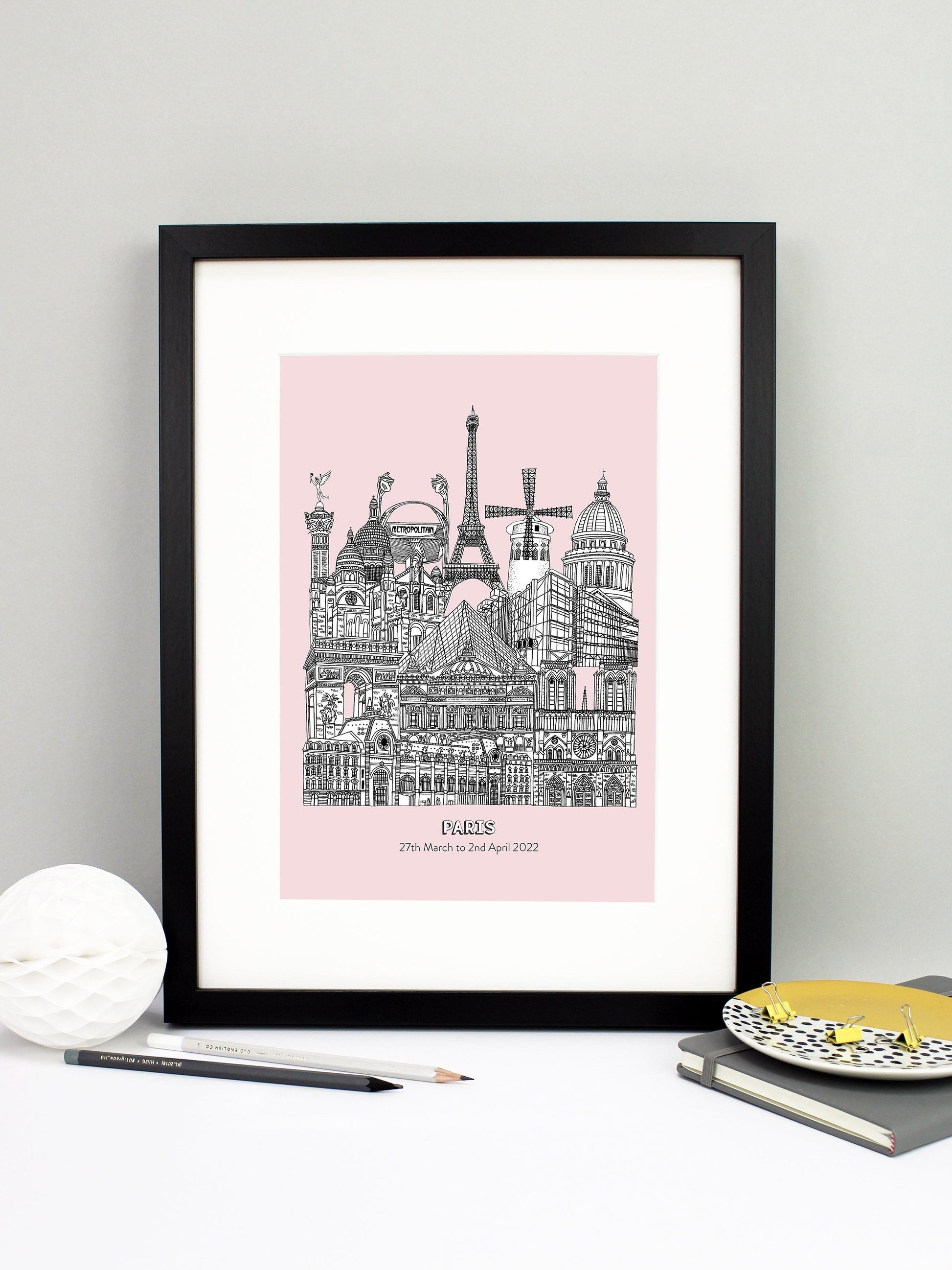 Beautifully detailed Paris Illustration print. The perfect gift for an engagement, wedding, birthday, anniversary and house warming. It features all the well known buildings and landmarks from the vibrant city. The buildings and landmarks featured are: Musée d'Orsay, Notre-Dame, The Palais Garnier, Arc de Triomphe, Louvre Museum, The Centre Pompidou, Sacré-Cœur, The Paris Métro, The July Column, The Eiffel Tower, Moulin Rouge windmill and the Panthéon