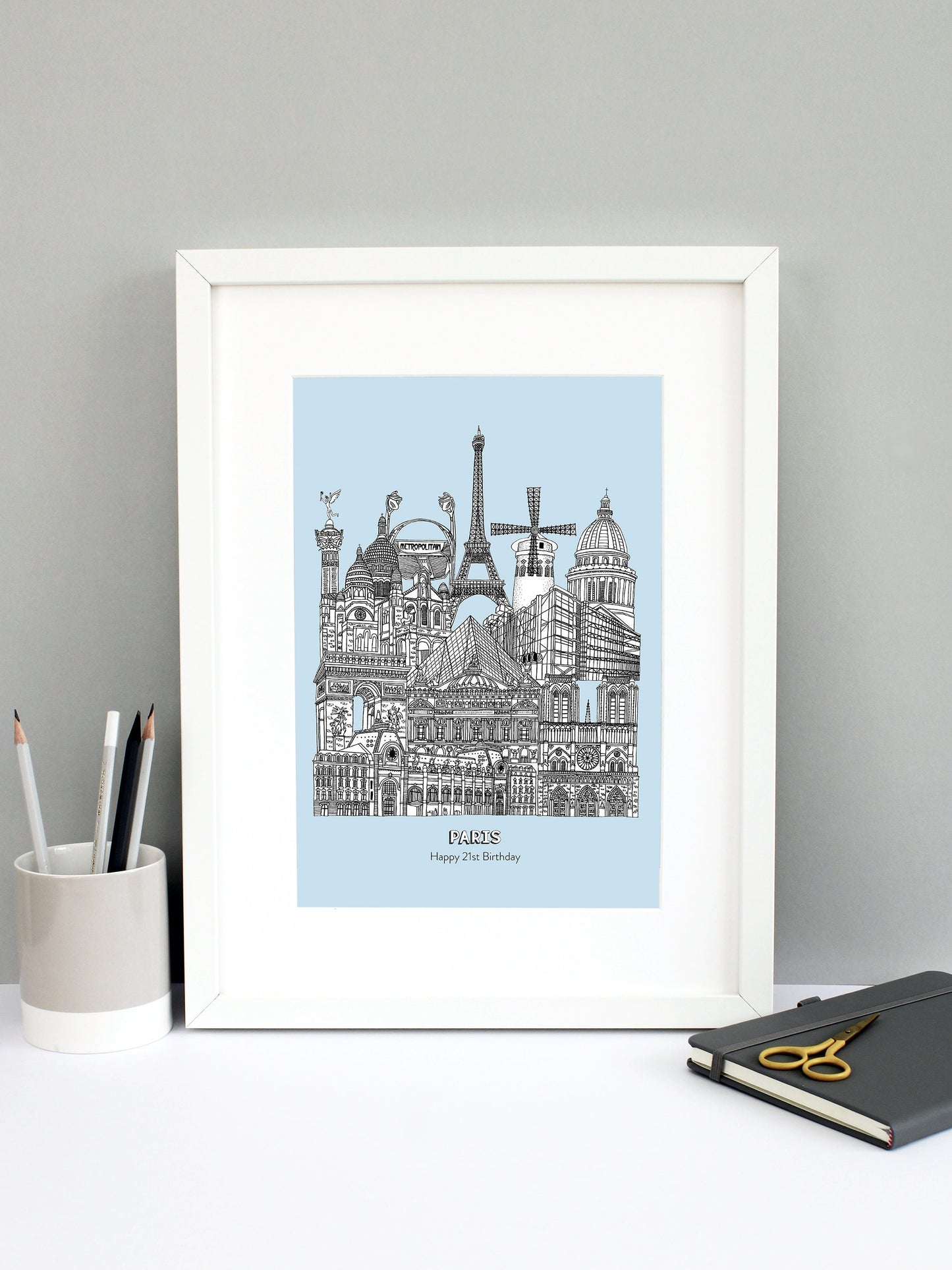 Beautifully detailed Paris Illustration print. The perfect gift for an engagement, wedding, birthday, anniversary and house warming. It features all the well known buildings and landmarks from the vibrant city. The buildings and landmarks featured are: Musée d'Orsay, Notre-Dame, The Palais Garnier, Arc de Triomphe, Louvre Museum, The Centre Pompidou, Sacré-Cœur, The Paris Métro, The July Column, The Eiffel Tower, Moulin Rouge windmill and the Panthéon.