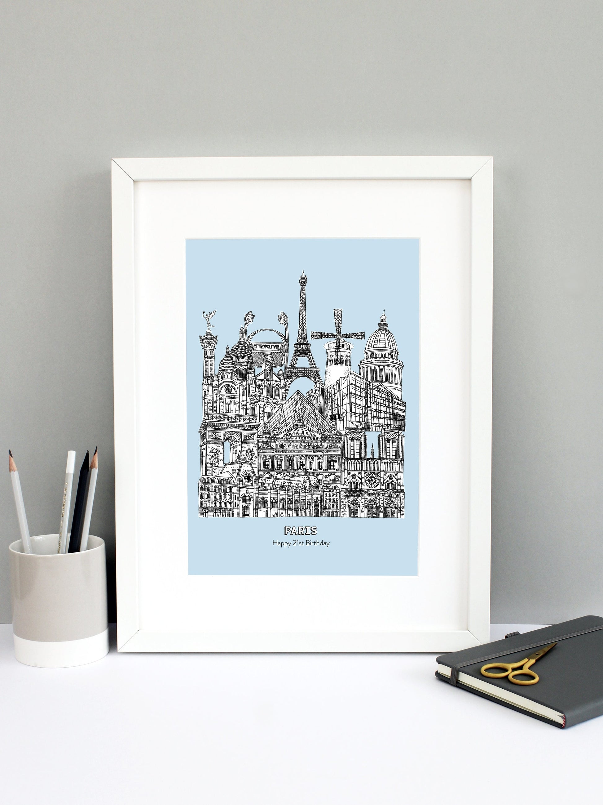 Beautifully detailed Paris Illustration print. The perfect gift for an engagement, wedding, birthday, anniversary and house warming. It features all the well known buildings and landmarks from the vibrant city. The buildings and landmarks featured are: Musée d'Orsay, Notre-Dame, The Palais Garnier, Arc de Triomphe, Louvre Museum, The Centre Pompidou, Sacré-Cœur, The Paris Métro, The July Column, The Eiffel Tower, Moulin Rouge windmill and the Panthéon.