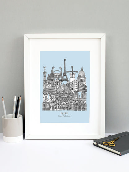 Beautifully detailed Paris Illustration print. The perfect gift for an engagement, wedding, birthday, anniversary and house warming. It features all the well known buildings and landmarks from the vibrant city. The buildings and landmarks featured are: Musée d'Orsay, Notre-Dame, The Palais Garnier, Arc de Triomphe, Louvre Museum, The Centre Pompidou, Sacré-Cœur, The Paris Métro, The July Column, The Eiffel Tower, Moulin Rouge windmill and the Panthéon.