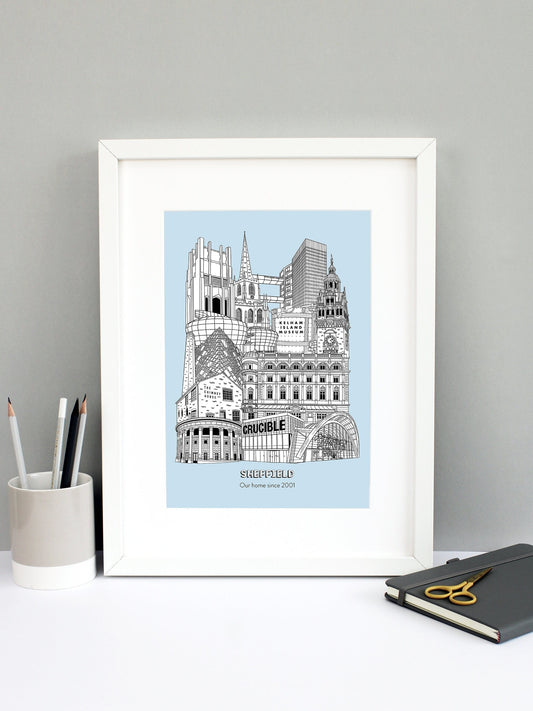 Beautifully detailed Sheffield Illustration print. The perfect gift for an engagement, wedding, birthday, anniversary and house warming. It features all the well known buildings and landmarks from the vibrant UK city. The buildings featured are: City Hall, The Crucible, The Winter Gardens, The Lyceum Theatre, The Chimney House, The Diamond Building, The Hubs, Kelham Island Museum steel ladle, Town Hall Clock Tower, The Arts Tower, Park Hill Flats, Sheffield Cathedral.
