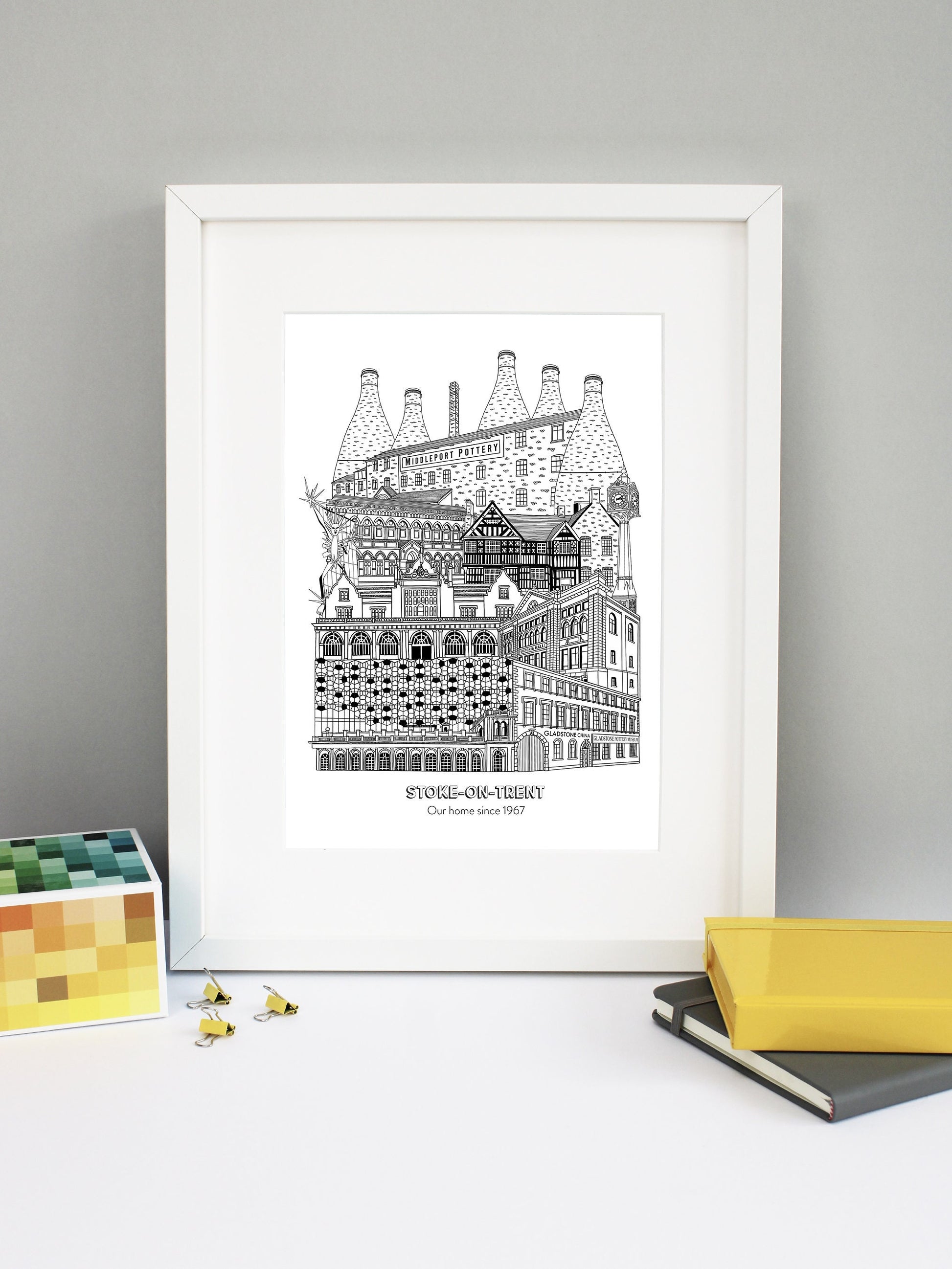 Beautifully detailed Stoke-on-Trent illustration print. The perfect gift for an engagement, wedding, birthday, anniversary and house warming. It features all the well known buildings and landmarks from the UK city. The buildings and landmarks featured are: Trentham Estate, Gladstone Pottery Museum, One Smithfield in Hanley, Stoke Train Station, Victoria Hall in Hanley, Blue Clock in Hanley, Ford Green Hall, Wedgwood Institute in Burslem, The Man of Fire (aka the Spiky Man or Jack Frost!) and Middleport Pott