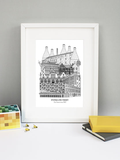 Beautifully detailed Stoke-on-Trent illustration print. The perfect gift for an engagement, wedding, birthday, anniversary and house warming. It features all the well known buildings and landmarks from the UK city. The buildings and landmarks featured are: Trentham Estate, Gladstone Pottery Museum, One Smithfield in Hanley, Stoke Train Station, Victoria Hall in Hanley, Blue Clock in Hanley, Ford Green Hall, Wedgwood Institute in Burslem, The Man of Fire (aka the Spiky Man or Jack Frost!) and Middleport Pott