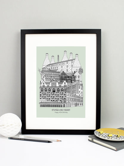 Beautifully detailed Stoke-on-Trent illustration print. The perfect gift for an engagement, wedding, birthday, anniversary and house warming. It features all the well known buildings and landmarks from the UK city. The buildings and landmarks featured are: Trentham Estate, Gladstone Pottery Museum, One Smithfield in Hanley, Stoke Train Station, Victoria Hall in Hanley, Blue Clock in Hanley, Ford Green Hall, Wedgwood Institute in Burslem, The Man of Fire (aka the Spiky Man or Jack Frost!) and Middleport Pott
