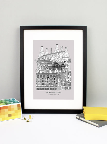 Beautifully detailed Stoke-on-Trent illustration print. The perfect gift for an engagement, wedding, birthday, anniversary and house warming. It features all the well known buildings and landmarks from the UK city. The buildings and landmarks featured are: Trentham Estate, Gladstone Pottery Museum, One Smithfield in Hanley, Stoke Train Station, Victoria Hall in Hanley, Blue Clock in Hanley, Ford Green Hall, Wedgwood Institute in Burslem, The Man of Fire (aka the Spiky Man or Jack Frost!) and Middleport Pott