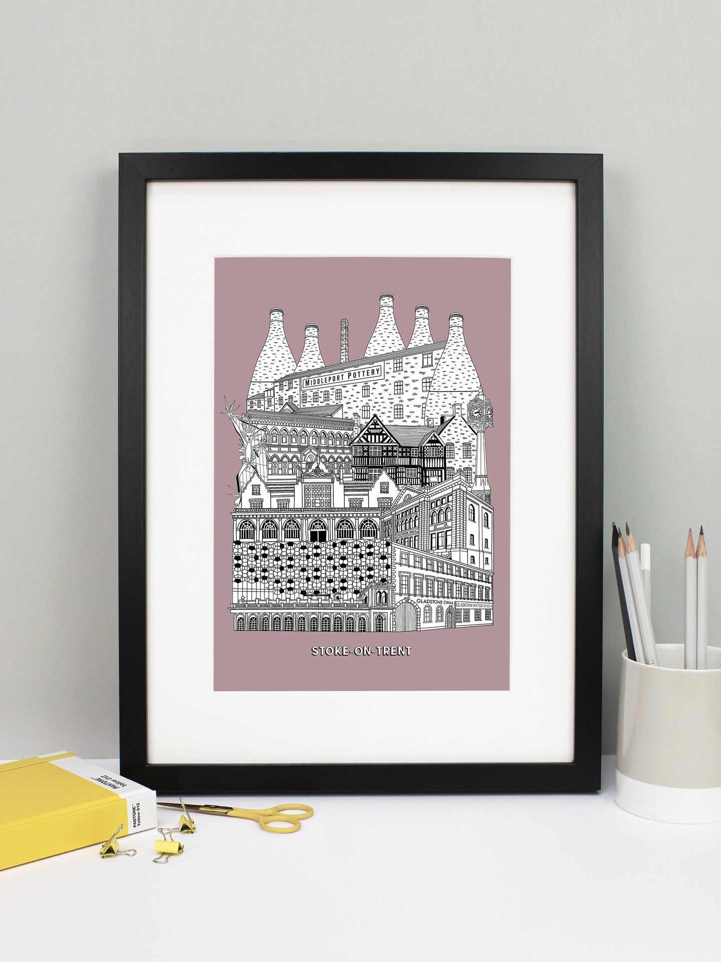 Beautifully detailed Stoke-on-Trent illustration print. The perfect gift for an engagement, wedding, birthday, anniversary and house warming. It features all the well known buildings and landmarks from the UK city. The buildings and landmarks featured are: Trentham Estate, Gladstone Pottery Museum, One Smithfield in Hanley, Stoke Train Station, Victoria Hall in Hanley, Blue Clock in Hanley, Ford Green Hall, Wedgwood Institute in Burslem, The Man of Fire (aka the Spiky Man or Jack Frost!) and Middleport Pott