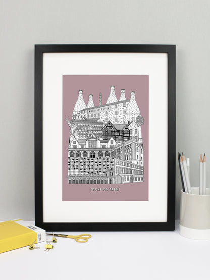 Beautifully detailed Stoke-on-Trent illustration print. The perfect gift for an engagement, wedding, birthday, anniversary and house warming. It features all the well known buildings and landmarks from the UK city. The buildings and landmarks featured are: Trentham Estate, Gladstone Pottery Museum, One Smithfield in Hanley, Stoke Train Station, Victoria Hall in Hanley, Blue Clock in Hanley, Ford Green Hall, Wedgwood Institute in Burslem, The Man of Fire (aka the Spiky Man or Jack Frost!) and Middleport Pott